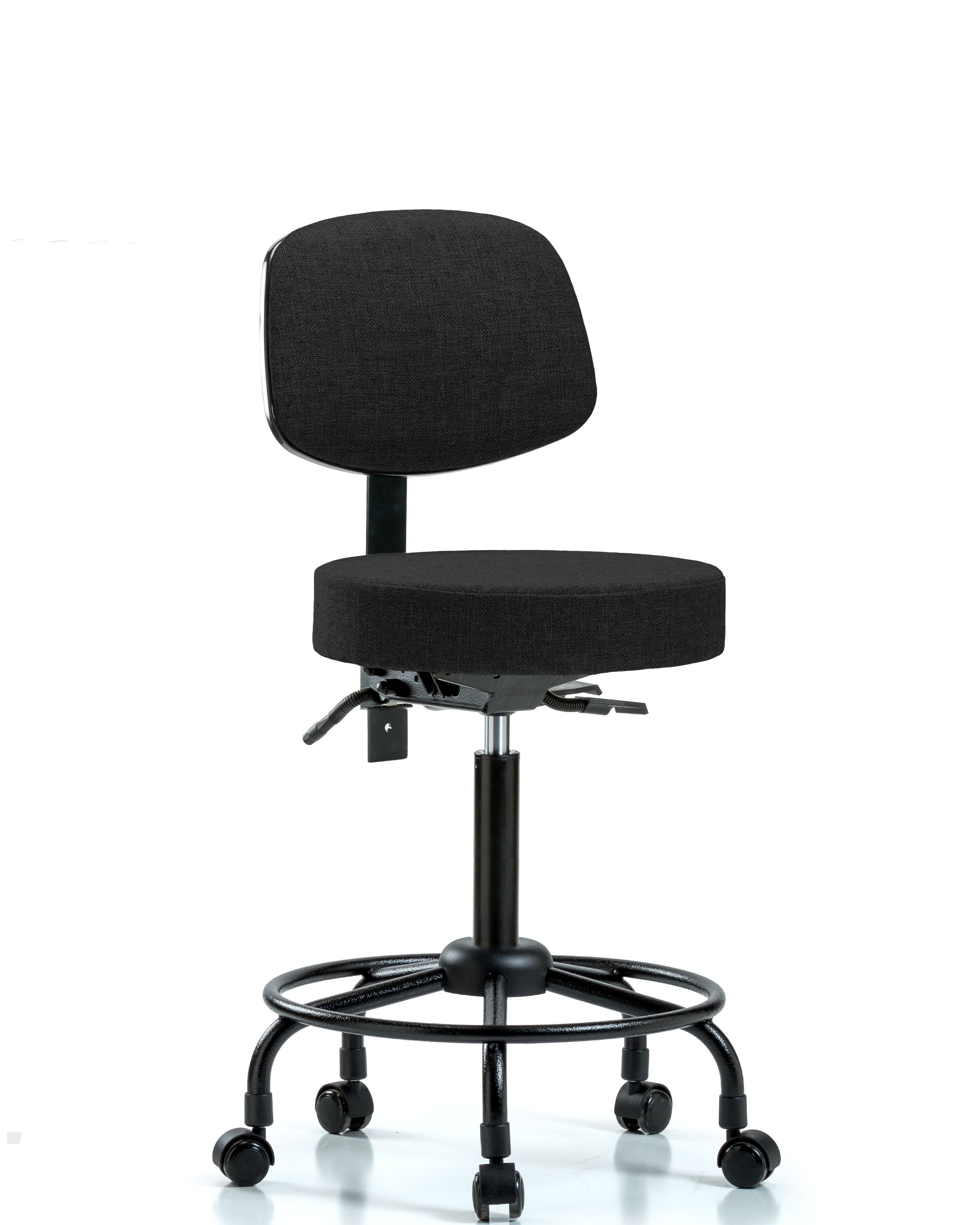 Rutledge Fabric Stool with Back - Medium Bench Height with Round Tube Base & Casters in Black Fabric