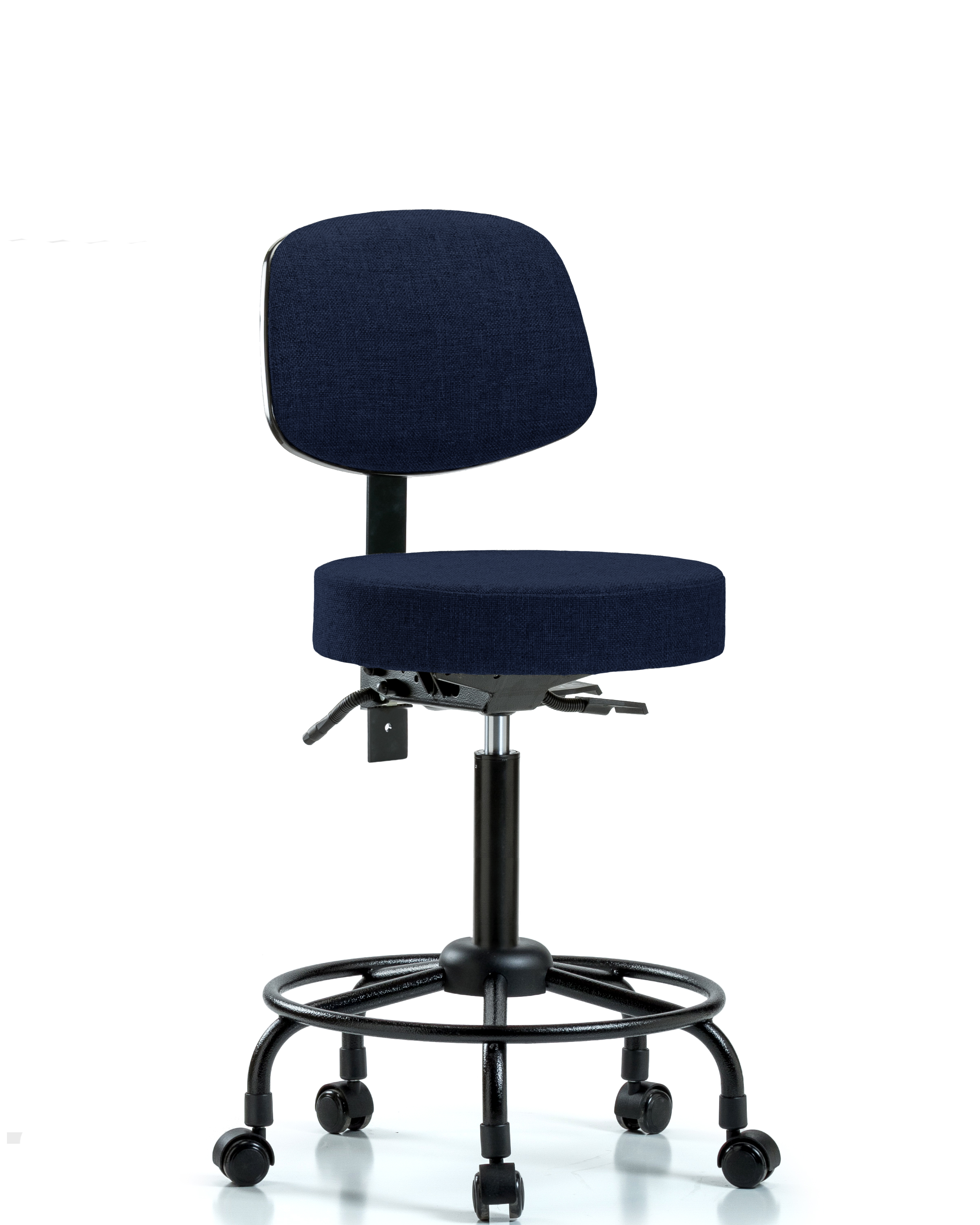 Rutledge Fabric Stool with Back - Medium Bench Height with Round Tube Base & Casters in Navy Fabric