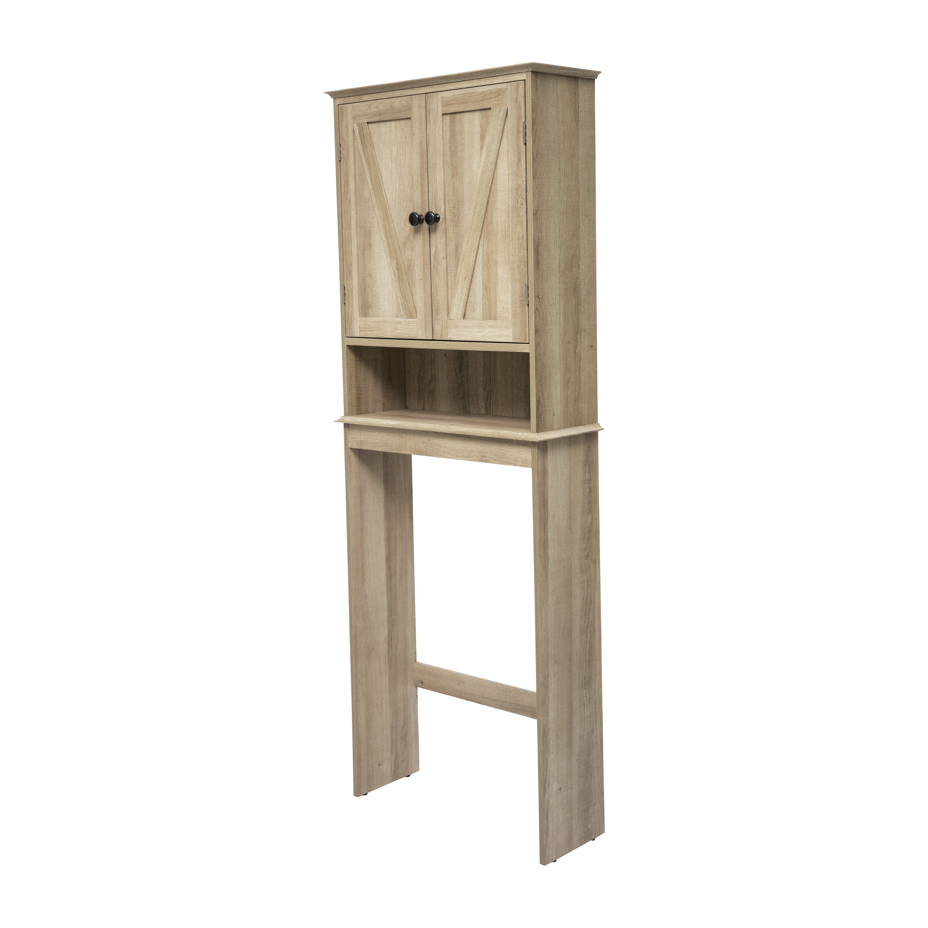 Dune Farmhouse Over the Toilet Shelf Cabinet, Magnetic Close Doors, Adjustable In-Cabinet Shelf, Lower Open Shelf, Metal Handles and Hinges, Brown