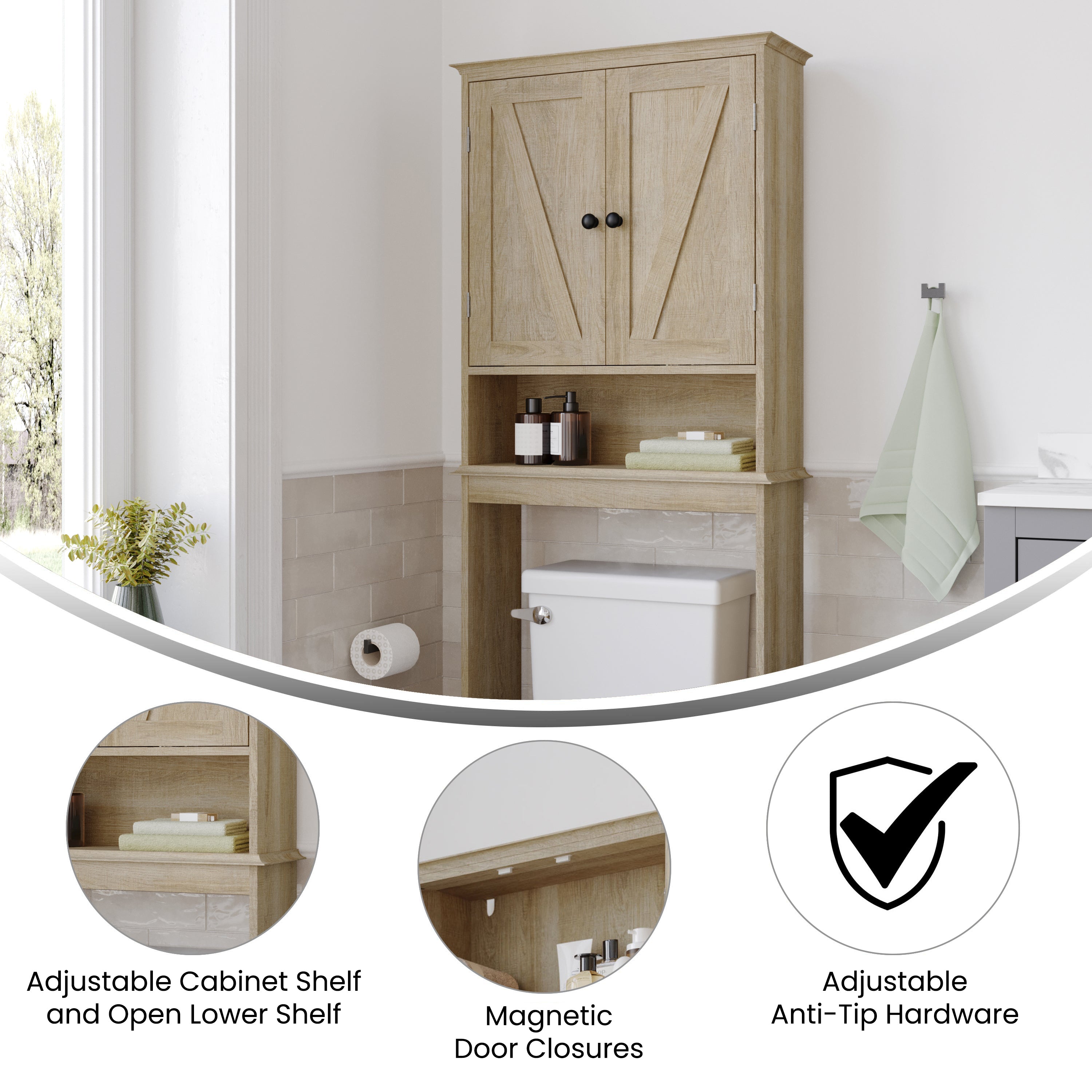Dune Farmhouse Over the Toilet Shelf Cabinet, Magnetic Close Doors, Adjustable In-Cabinet Shelf, Lower Open Shelf, Metal Handles and Hinges, Brown