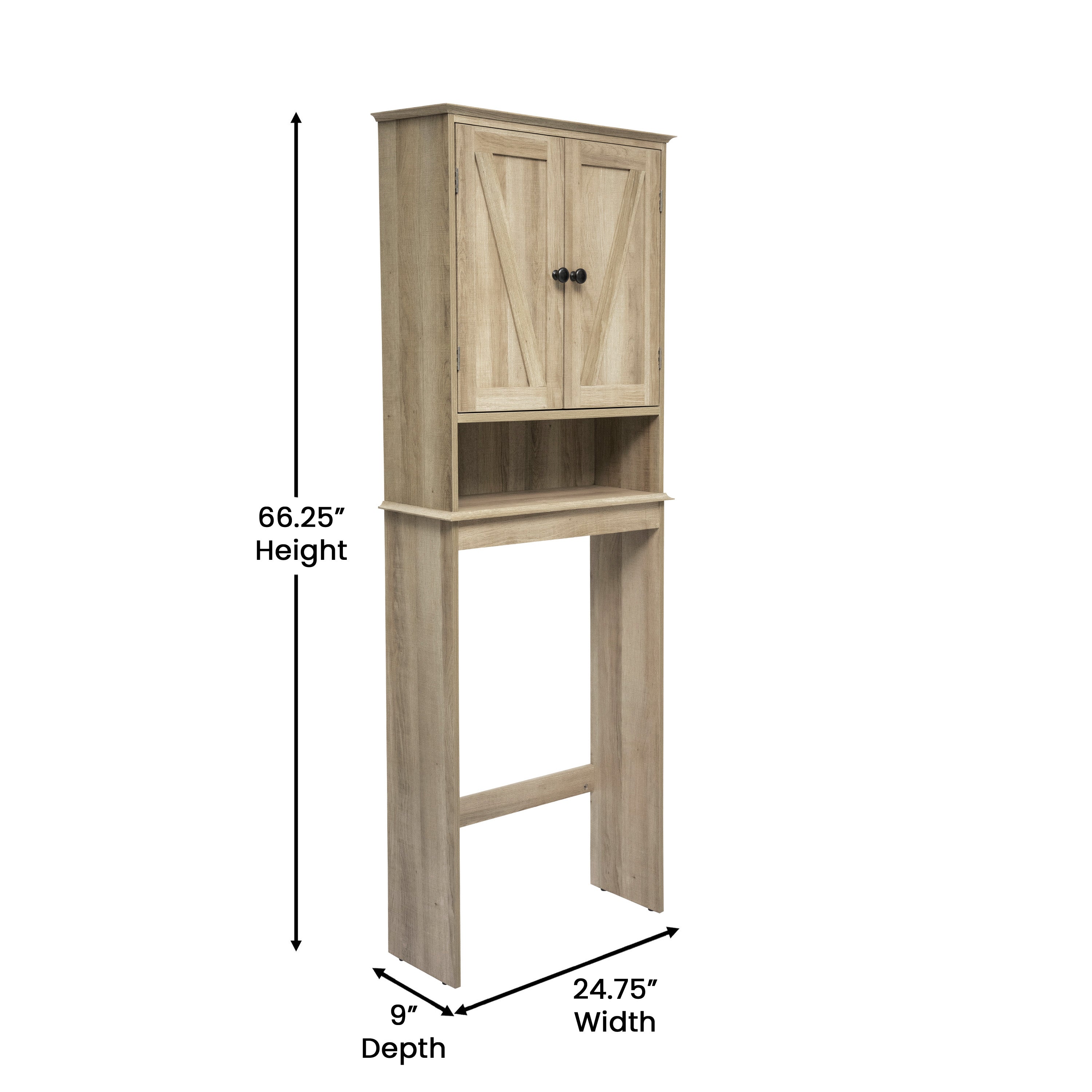 Dune Farmhouse Over the Toilet Shelf Cabinet, Magnetic Close Doors, Adjustable In-Cabinet Shelf, Lower Open Shelf, Metal Handles and Hinges, Brown