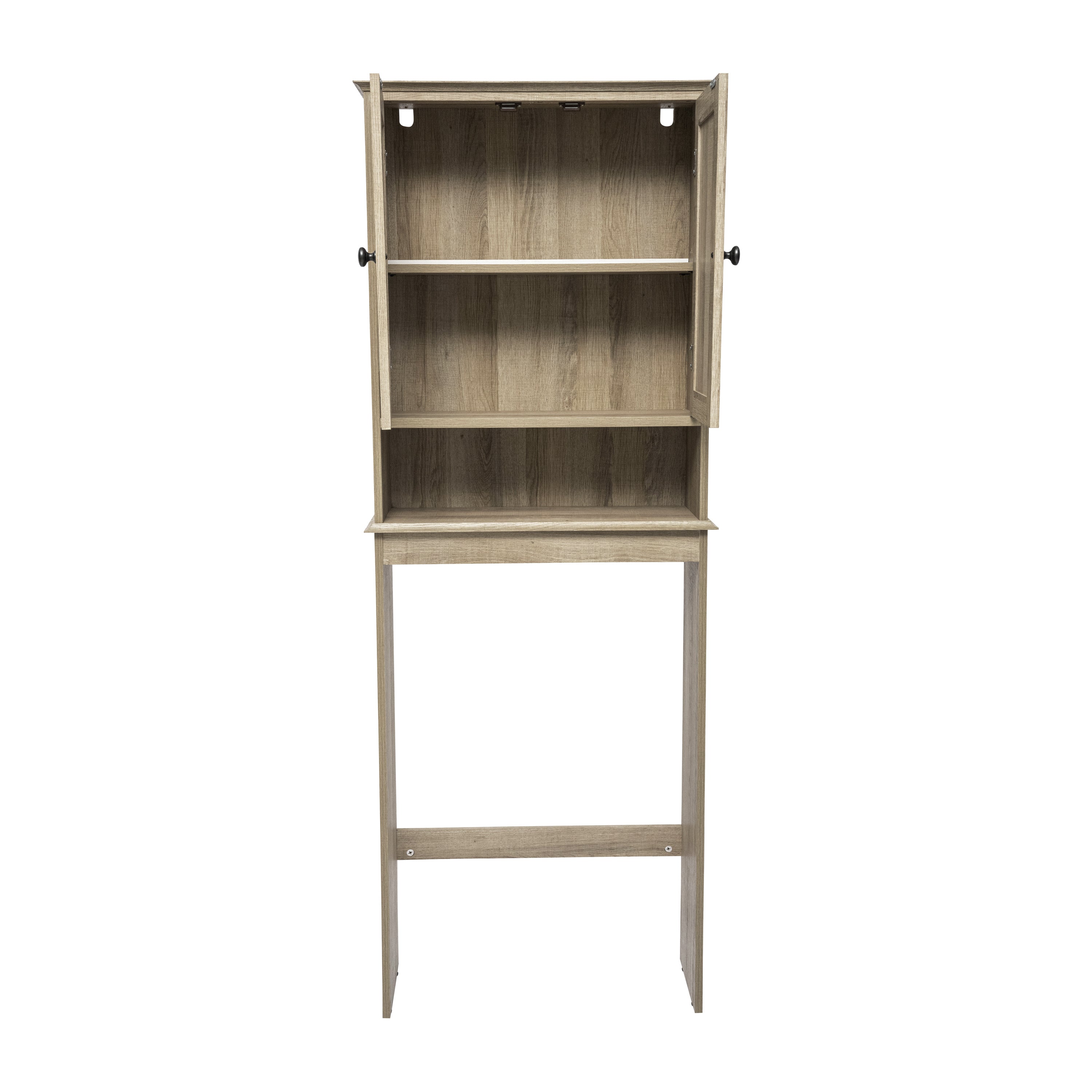 Dune Farmhouse Over the Toilet Shelf Cabinet, Magnetic Close Doors, Adjustable In-Cabinet Shelf, Lower Open Shelf, Metal Handles and Hinges, Brown