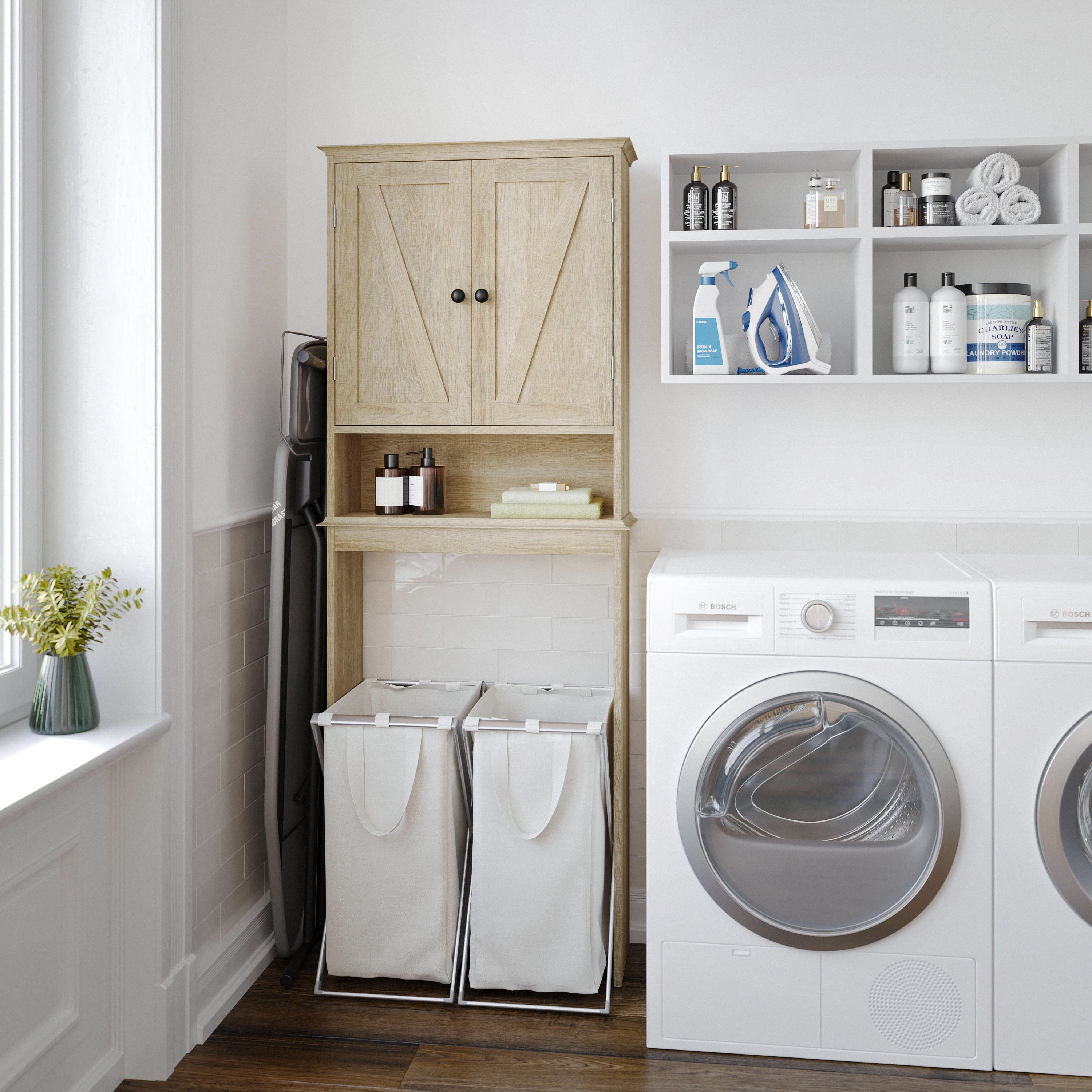 Dune Farmhouse Over the Toilet Shelf Cabinet, Magnetic Close Doors, Adjustable In-Cabinet Shelf, Lower Open Shelf, Metal Handles and Hinges, Brown