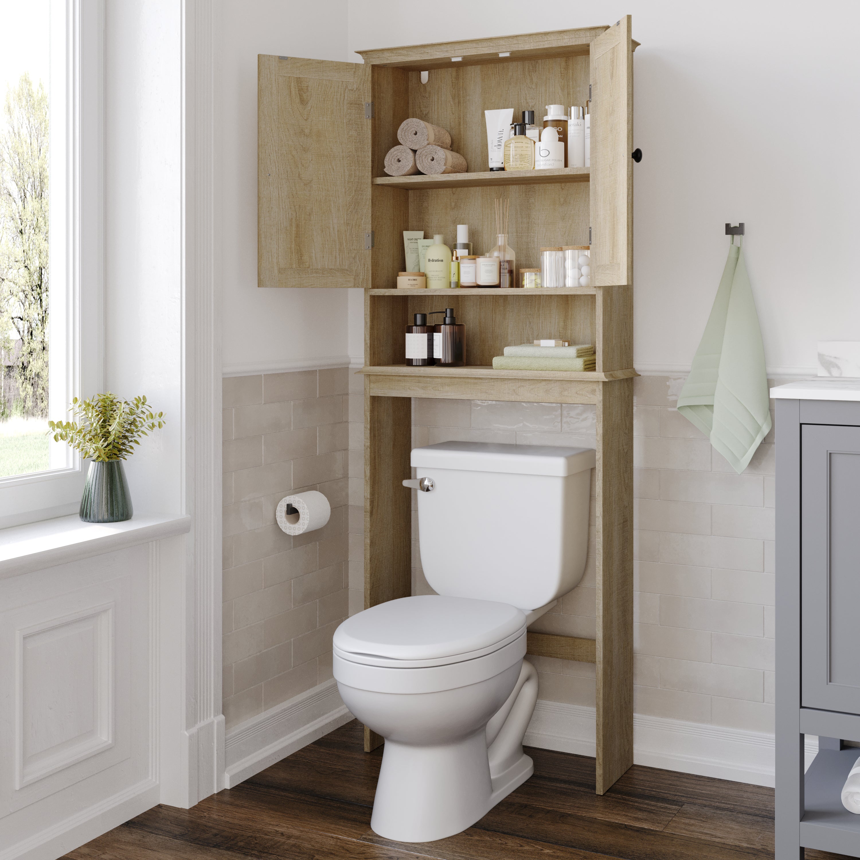 Dune Farmhouse Over the Toilet Shelf Cabinet, Magnetic Close Doors, Adjustable In-Cabinet Shelf, Lower Open Shelf, Metal Handles and Hinges, Brown