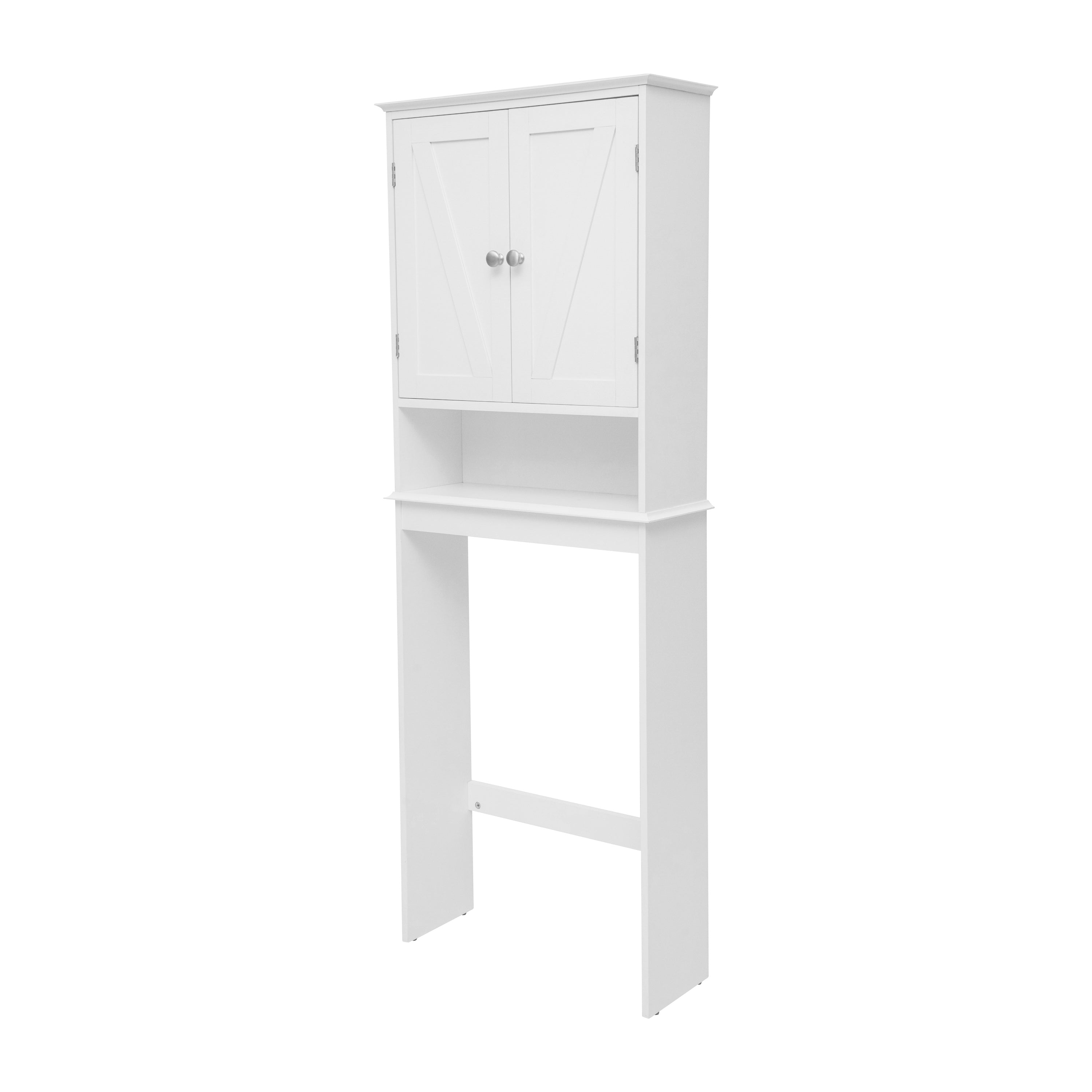 Dune Farmhouse Over the Toilet Shelf Cabinet, Magnetic Close Doors, Adjustable In-Cabinet Shelf, Lower Open Shelf, Metal Handles and Hinges, White
