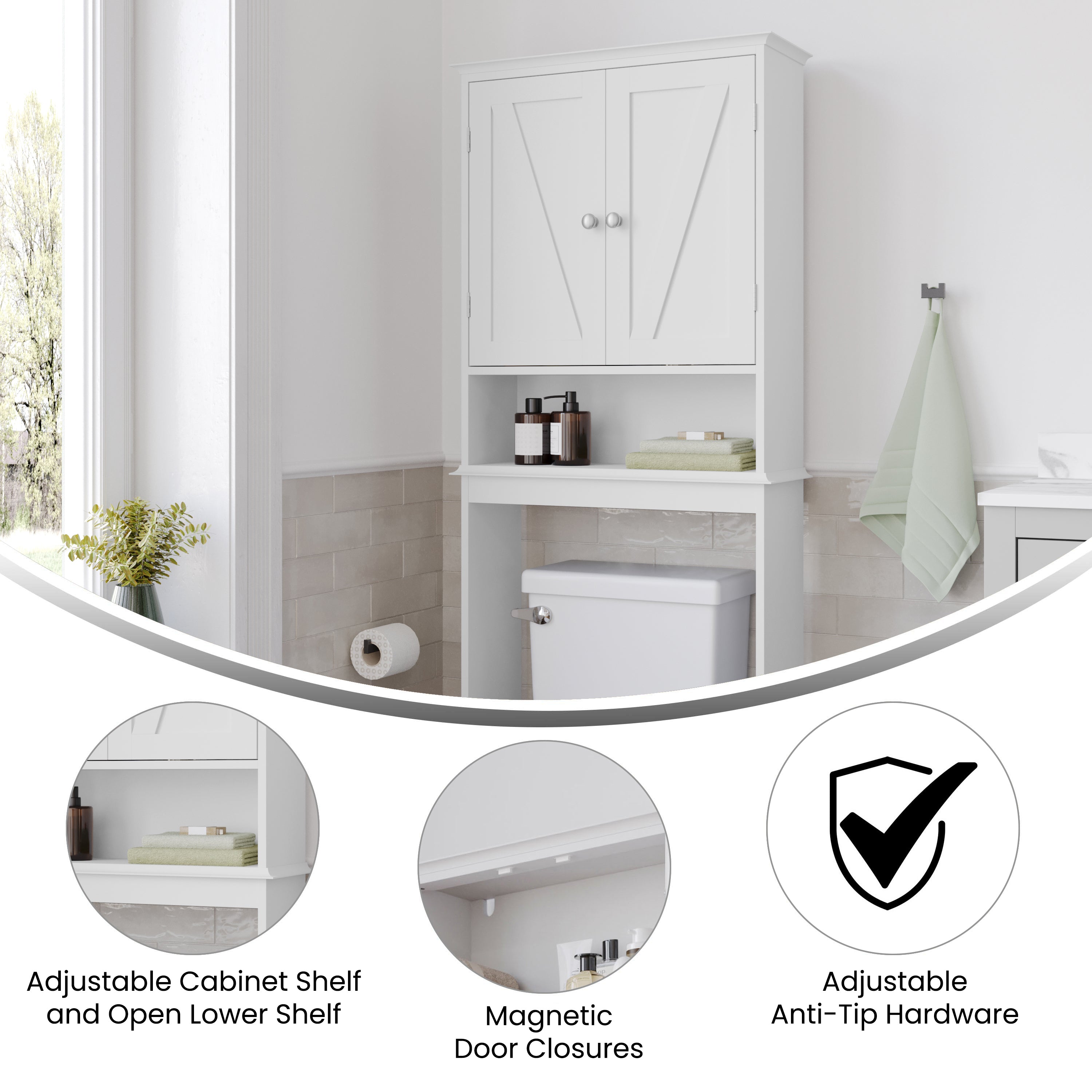Dune Farmhouse Over the Toilet Shelf Cabinet, Magnetic Close Doors, Adjustable In-Cabinet Shelf, Lower Open Shelf, Metal Handles and Hinges, White