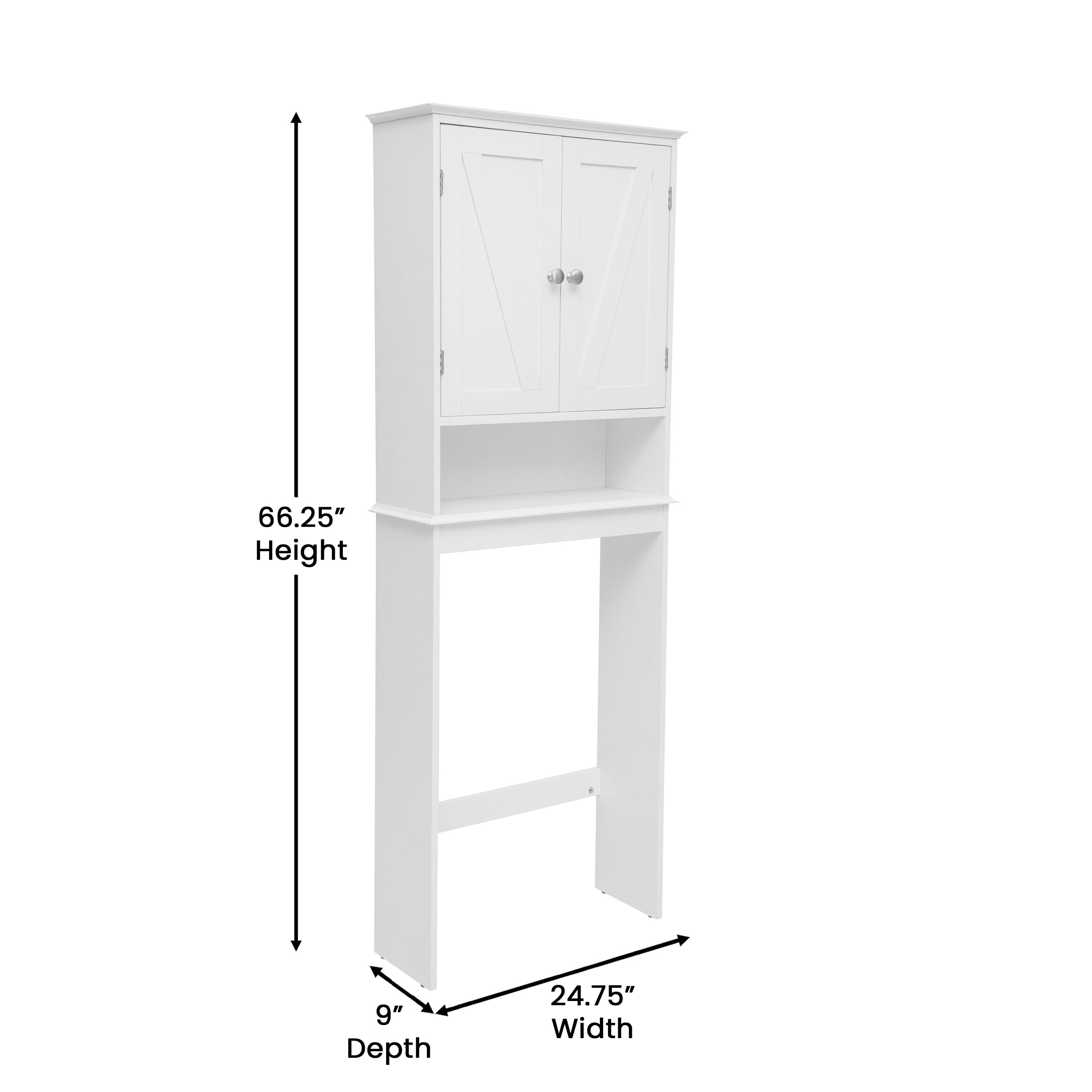 Dune Farmhouse Over the Toilet Shelf Cabinet, Magnetic Close Doors, Adjustable In-Cabinet Shelf, Lower Open Shelf, Metal Handles and Hinges, White