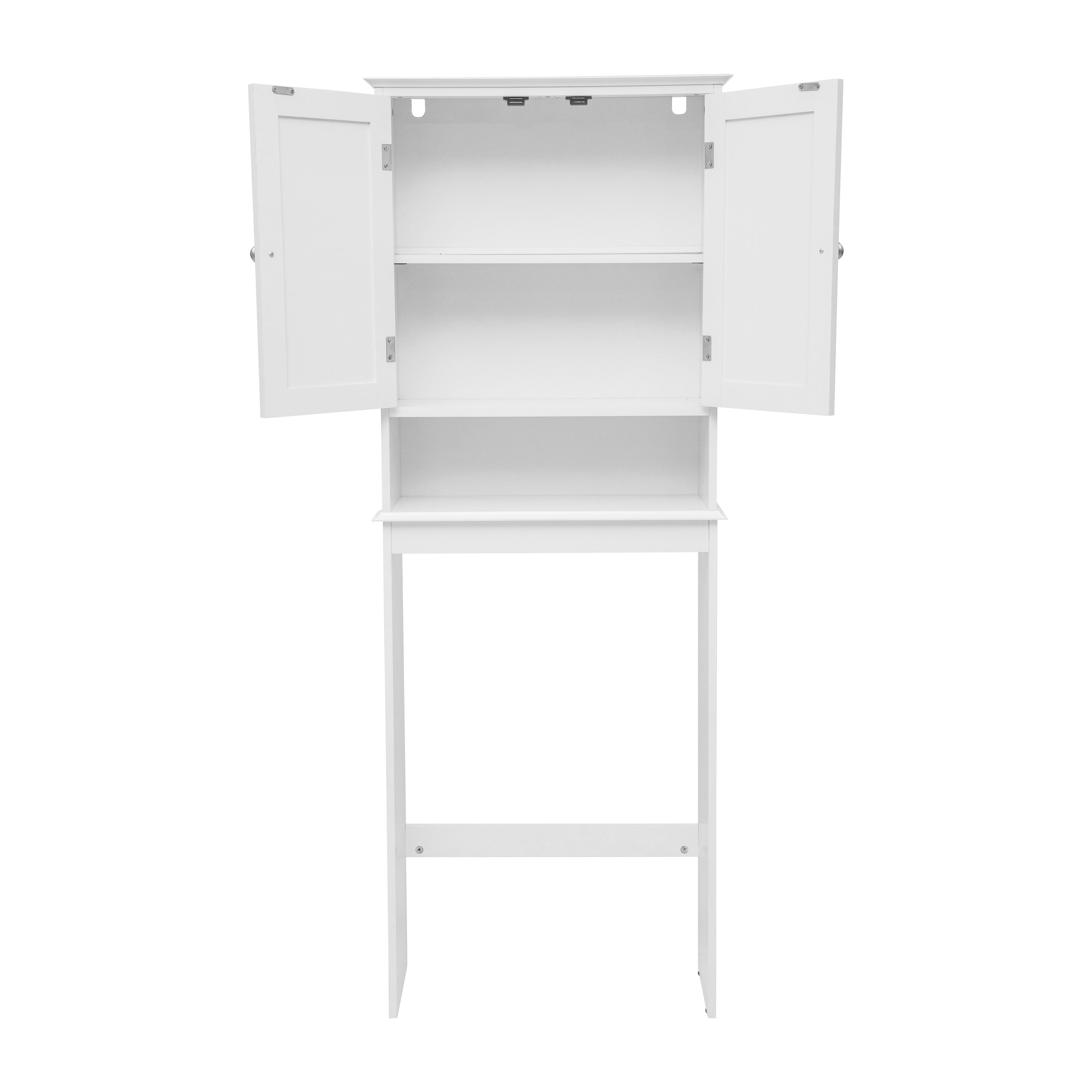 Dune Farmhouse Over the Toilet Shelf Cabinet, Magnetic Close Doors, Adjustable In-Cabinet Shelf, Lower Open Shelf, Metal Handles and Hinges, White