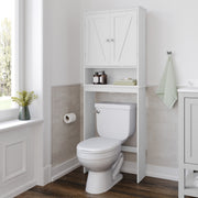 Dune Farmhouse Over the Toilet Shelf Cabinet, Magnetic Close Doors, Adjustable In-Cabinet Shelf, Lower Open Shelf, Metal Handles and Hinges, White