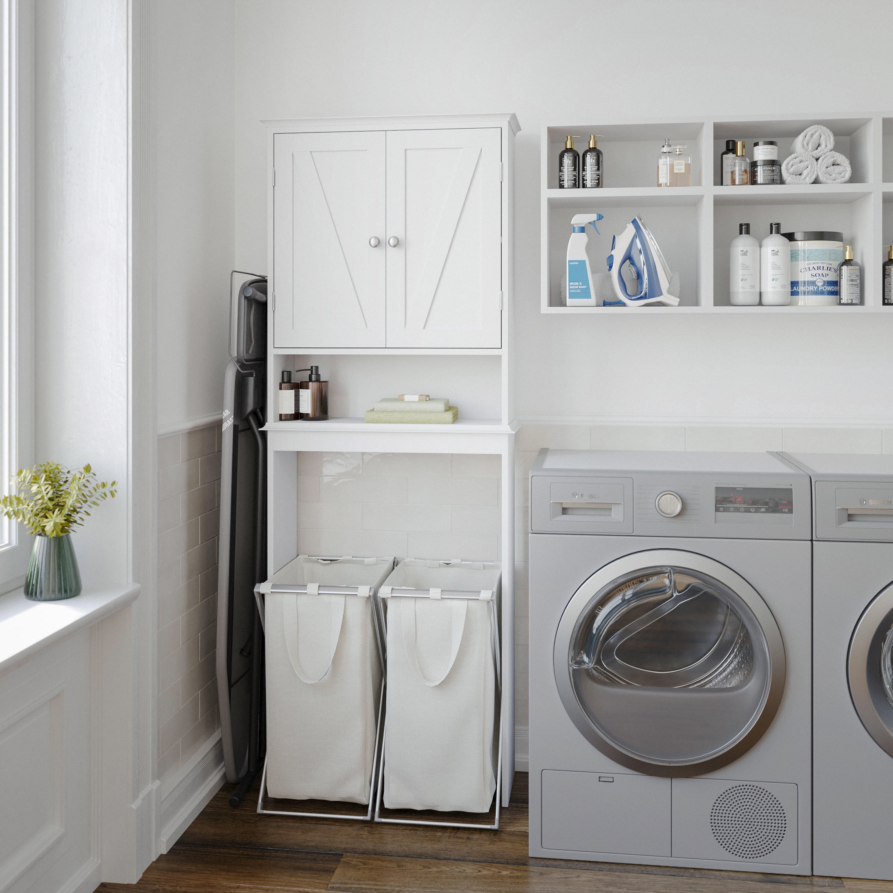Dune Farmhouse Over the Toilet Shelf Cabinet, Magnetic Close Doors, Adjustable In-Cabinet Shelf, Lower Open Shelf, Metal Handles and Hinges, White