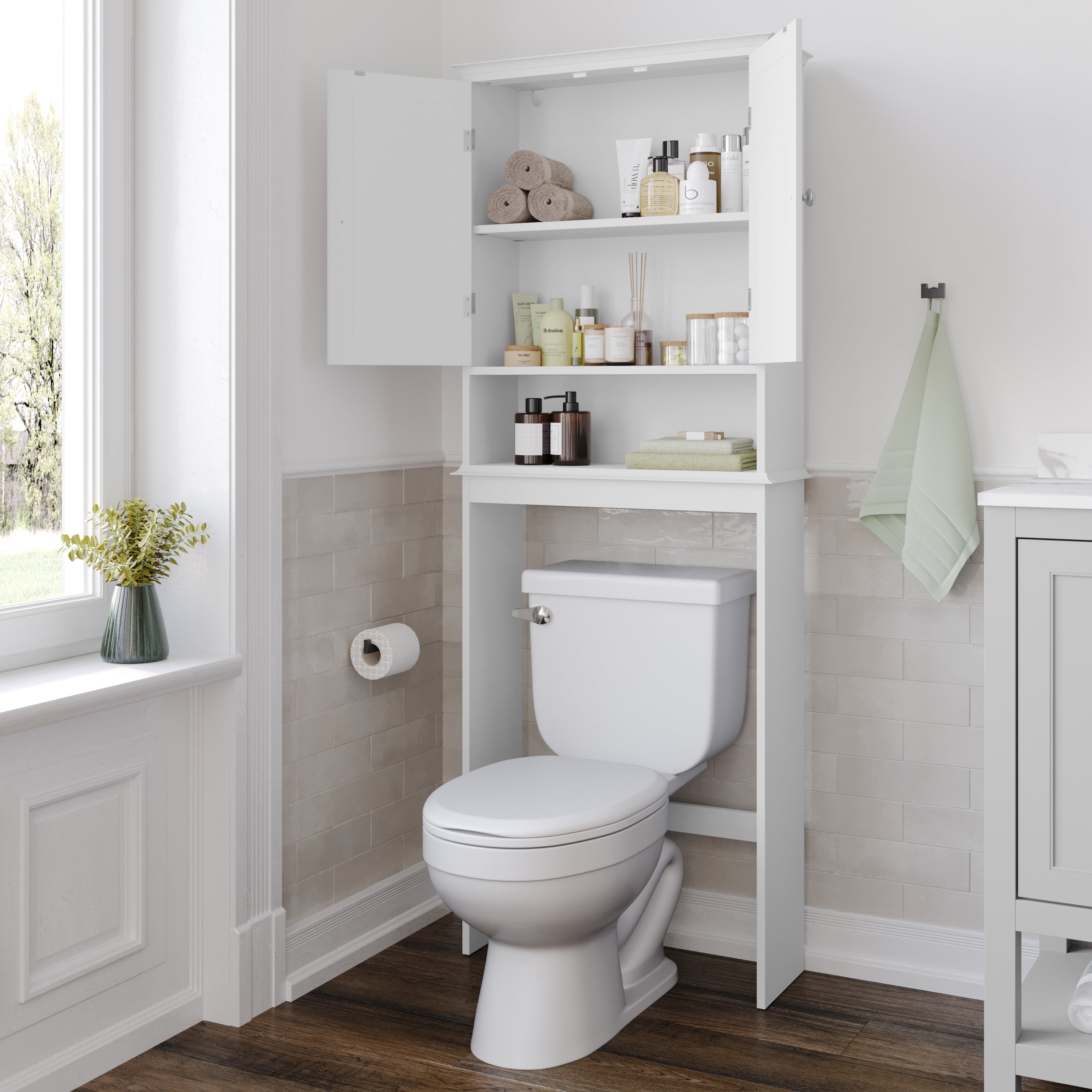 Dune Farmhouse Over the Toilet Shelf Cabinet, Magnetic Close Doors, Adjustable In-Cabinet Shelf, Lower Open Shelf, Metal Handles and Hinges, White