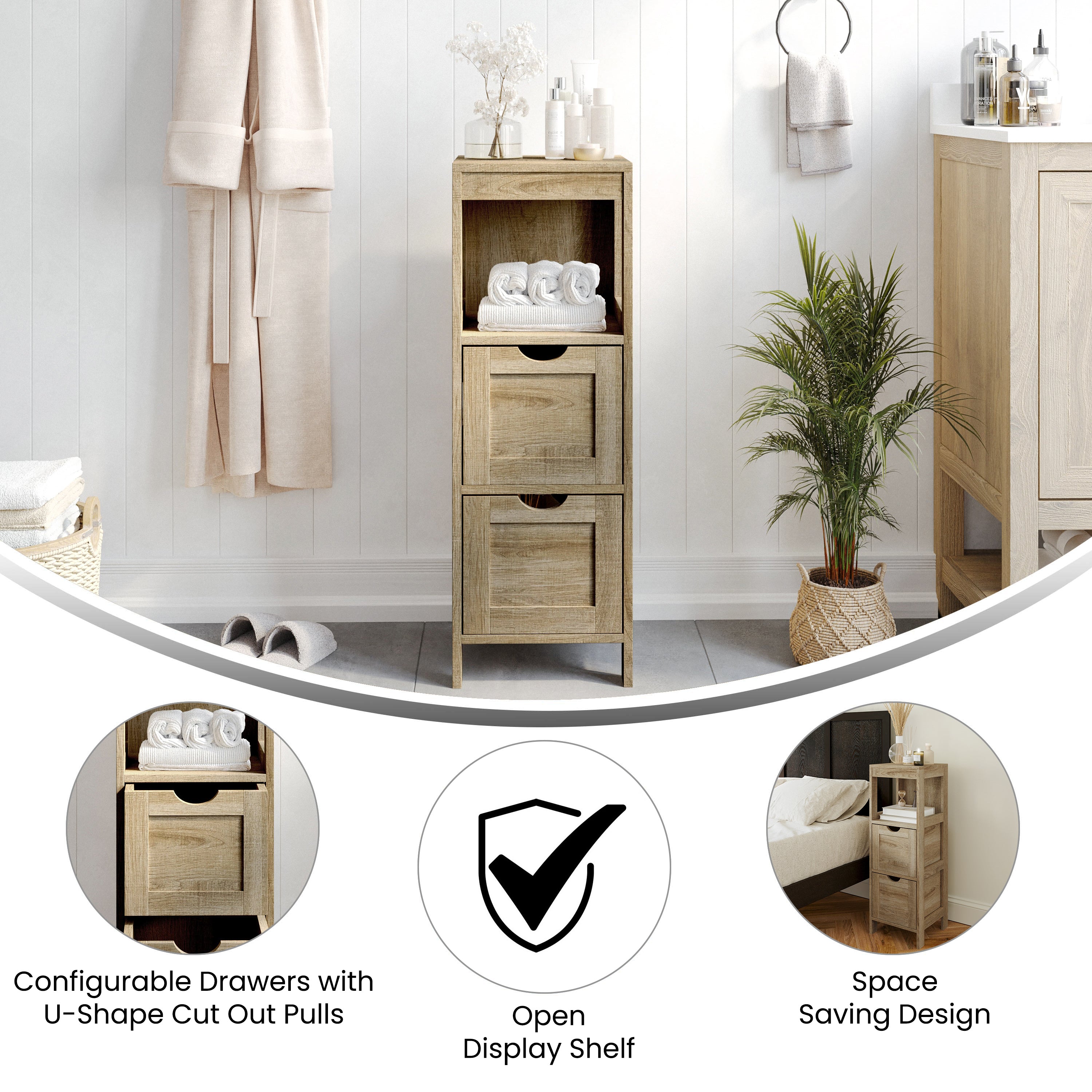 Dune Farmhouse Bathroom Storage Organizer with Two Removable Drawers and Open Display Shelf in Brown