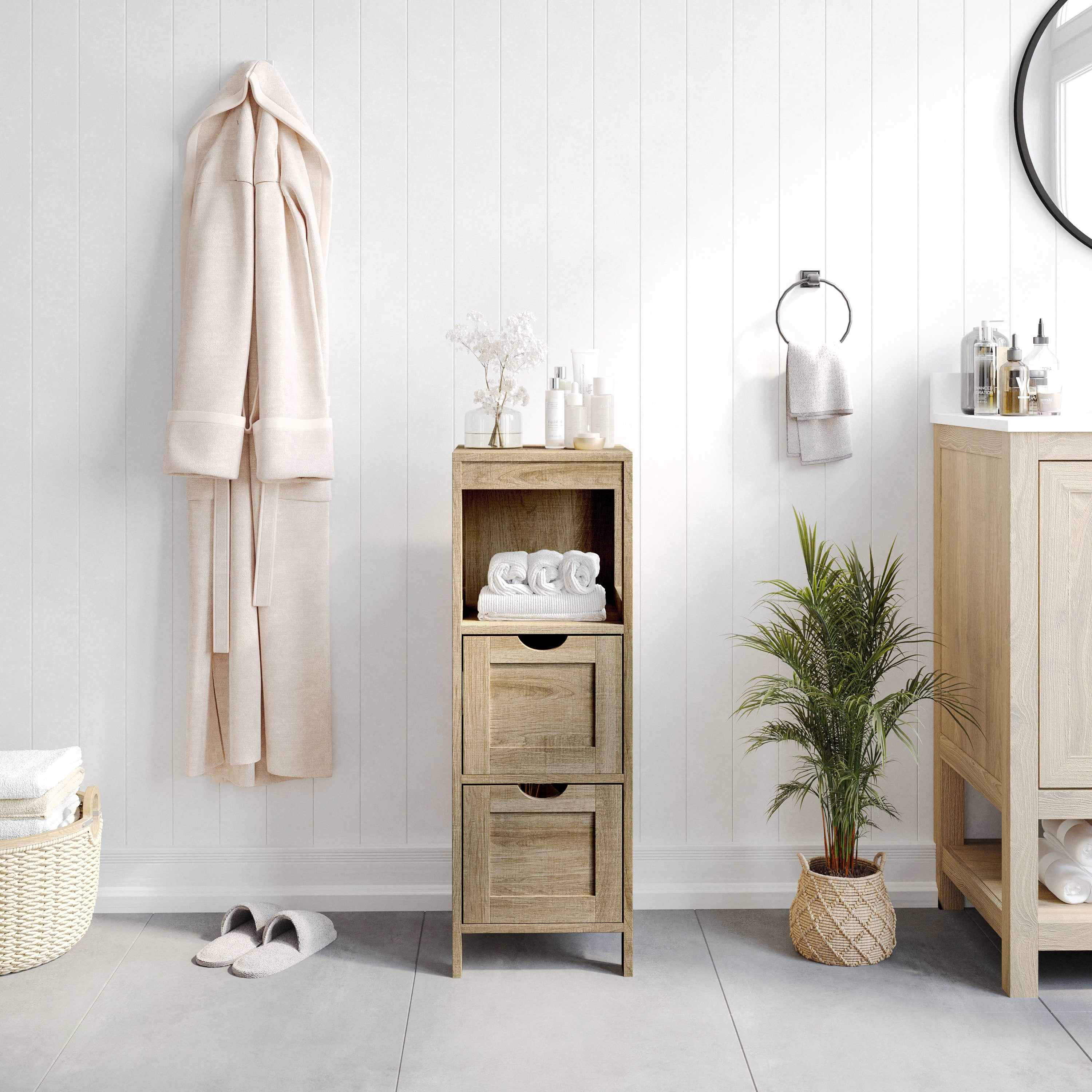 Dune Farmhouse Bathroom Storage Organizer with Two Removable Drawers and Open Display Shelf in Brown