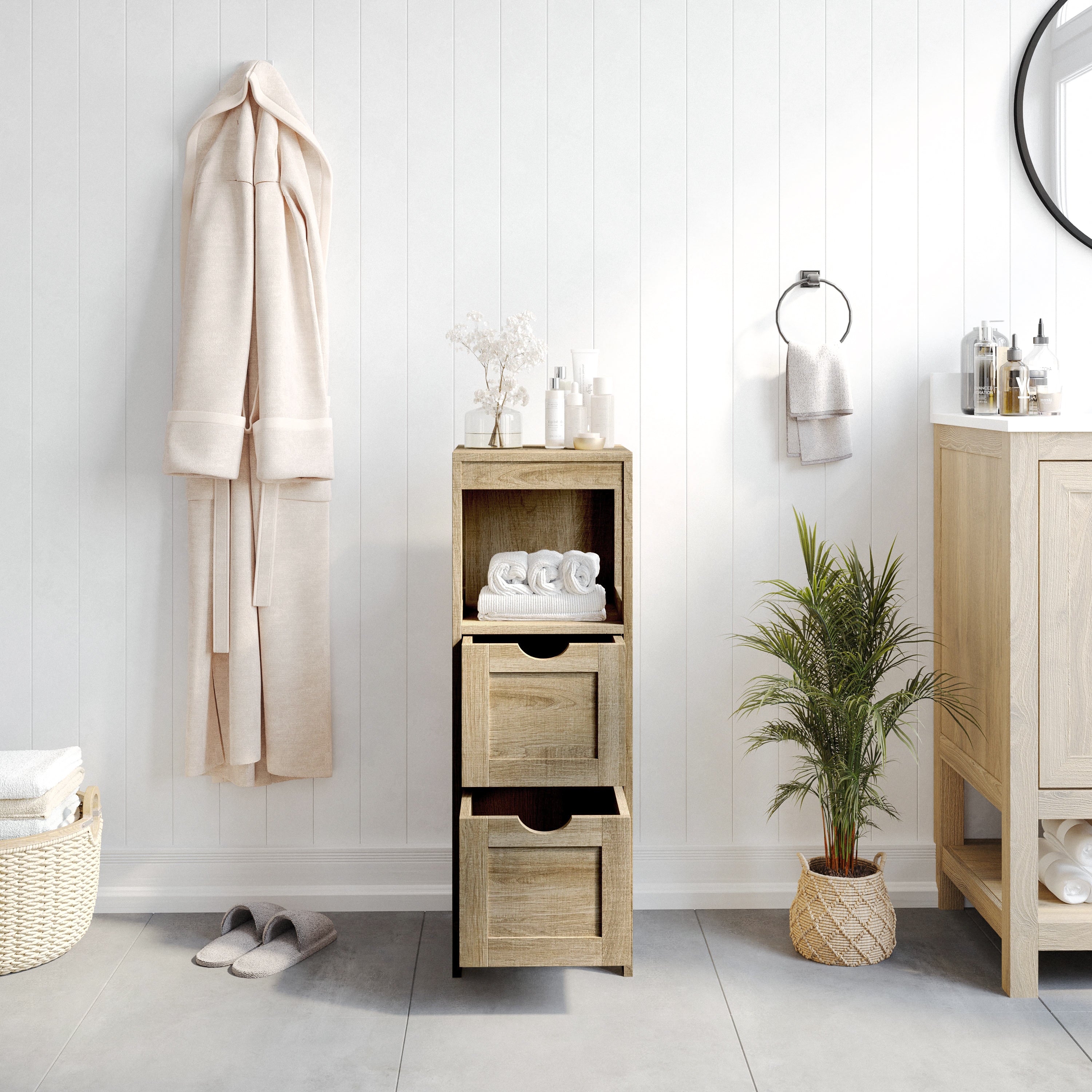Dune Farmhouse Bathroom Storage Organizer with Two Removable Drawers and Open Display Shelf in Brown