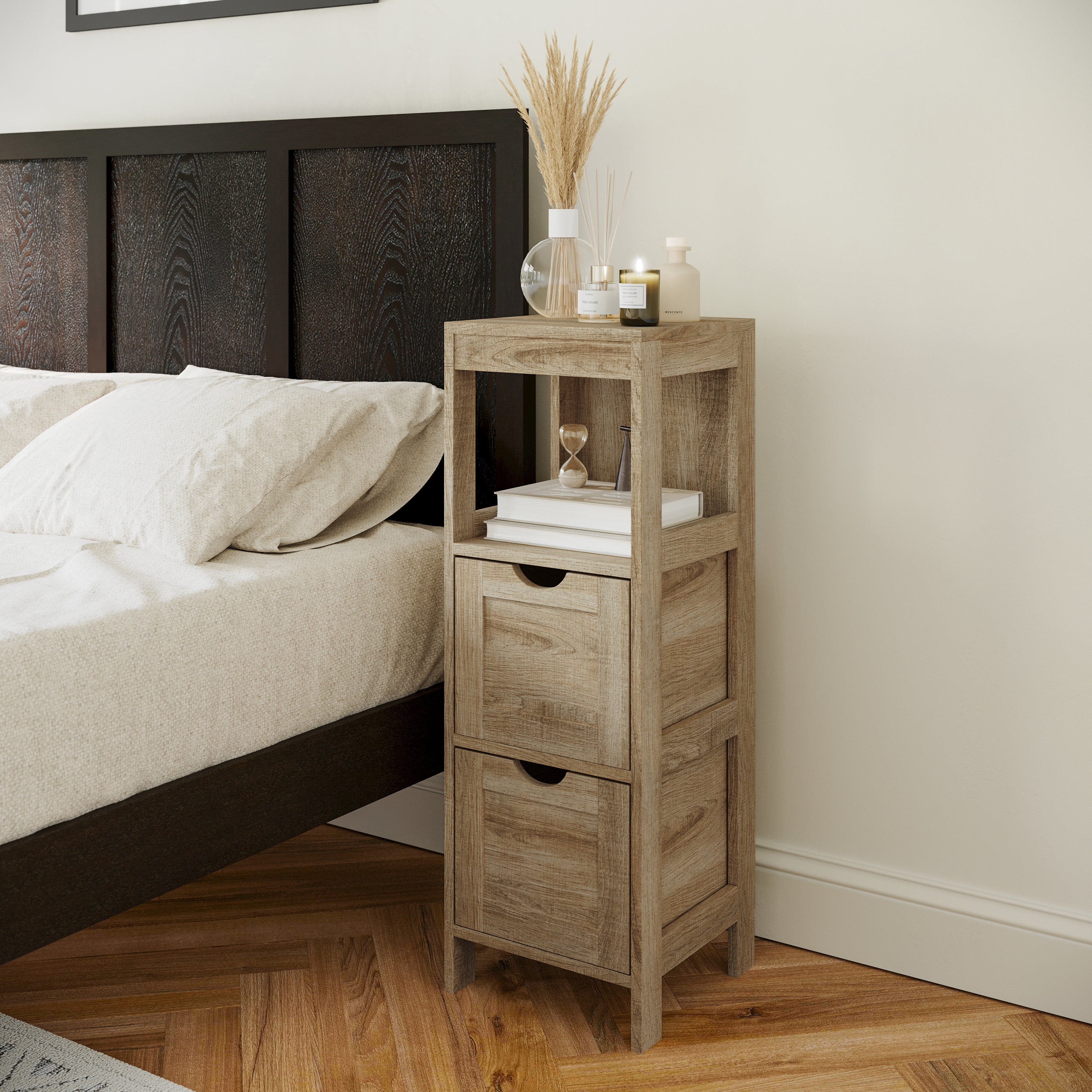 Dune Farmhouse Bathroom Storage Organizer with Two Removable Drawers and Open Display Shelf in Brown