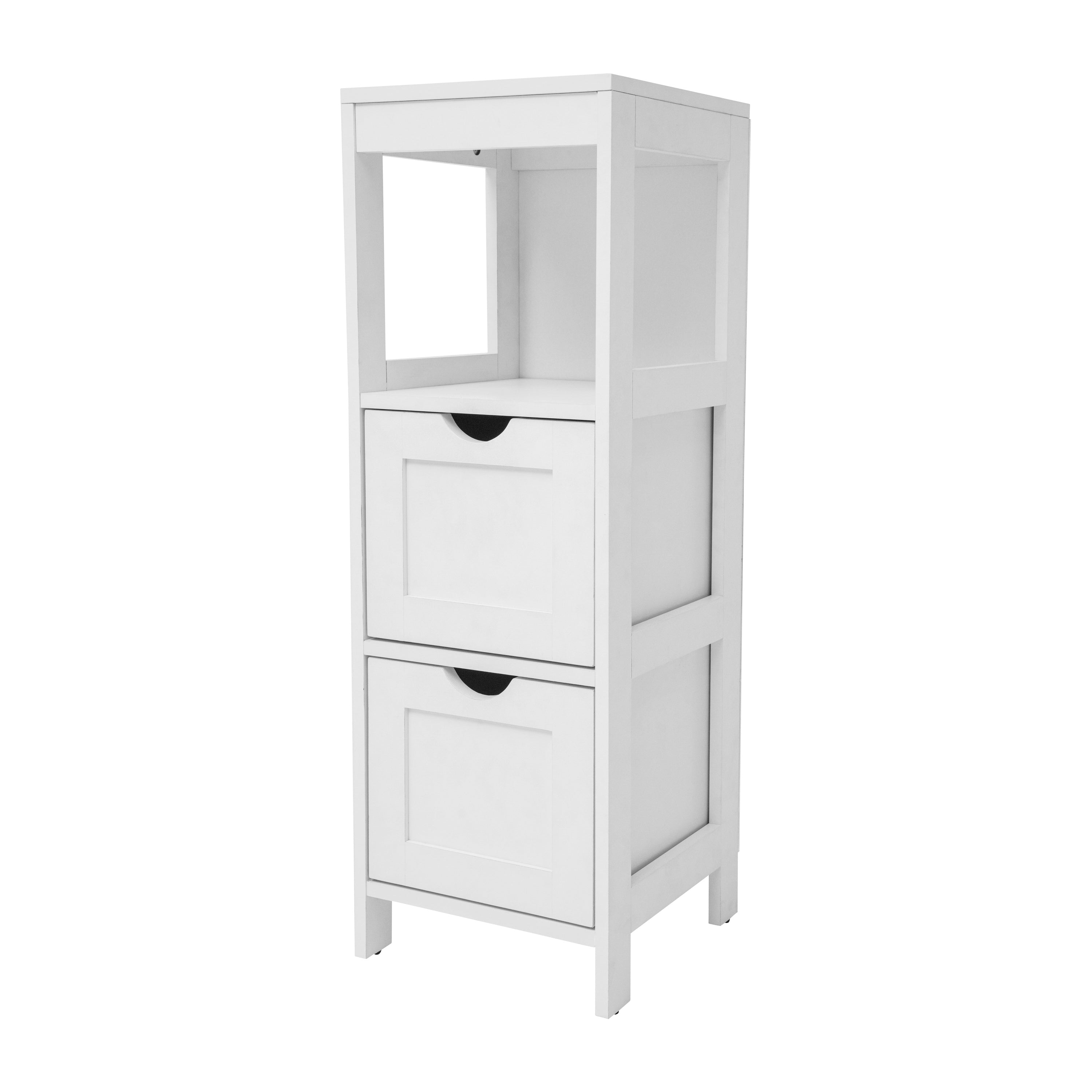 Dune Farmhouse Bathroom Storage Organizer with Two Removable Drawers and Open Display Shelf in White