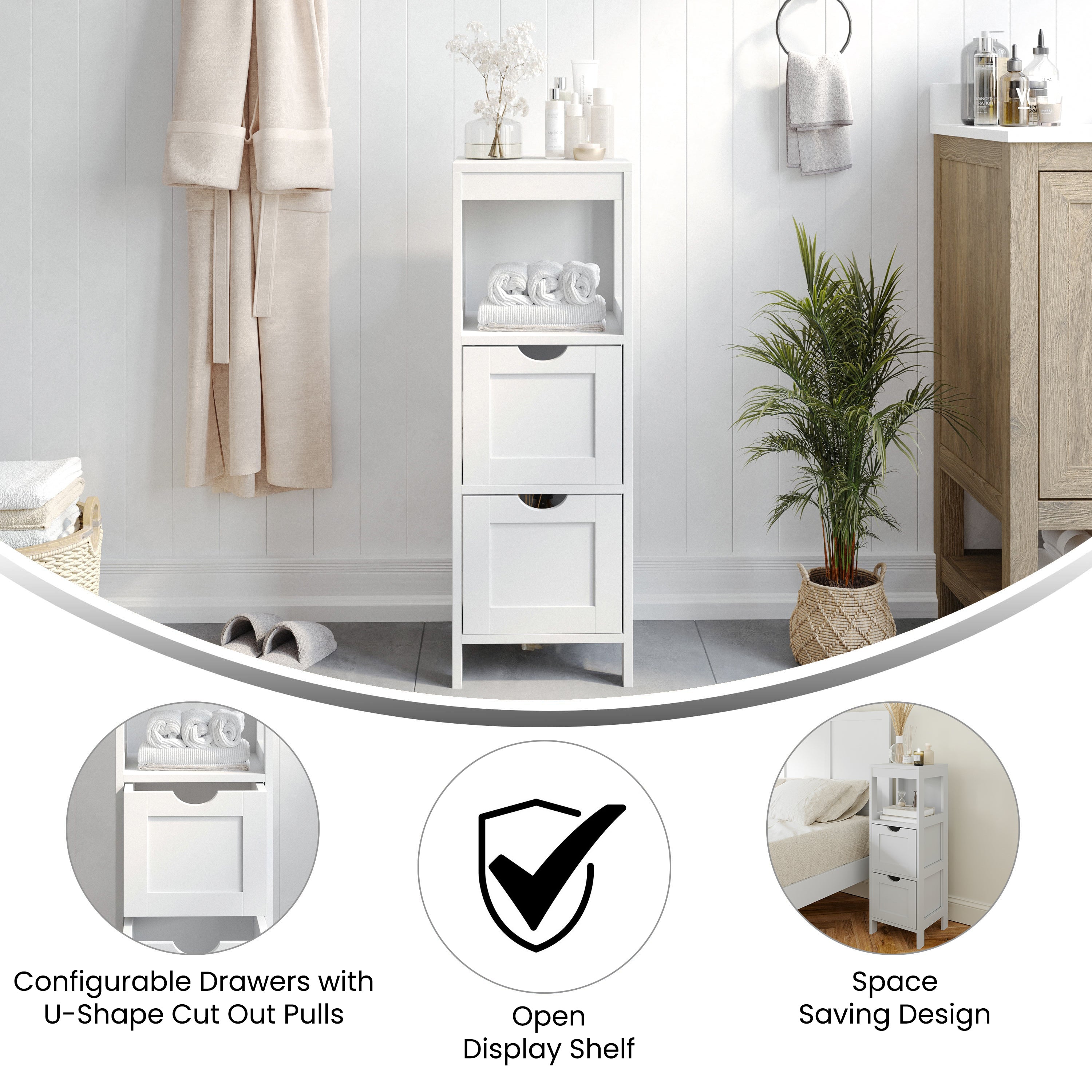 Dune Farmhouse Bathroom Storage Organizer with Two Removable Drawers and Open Display Shelf in White