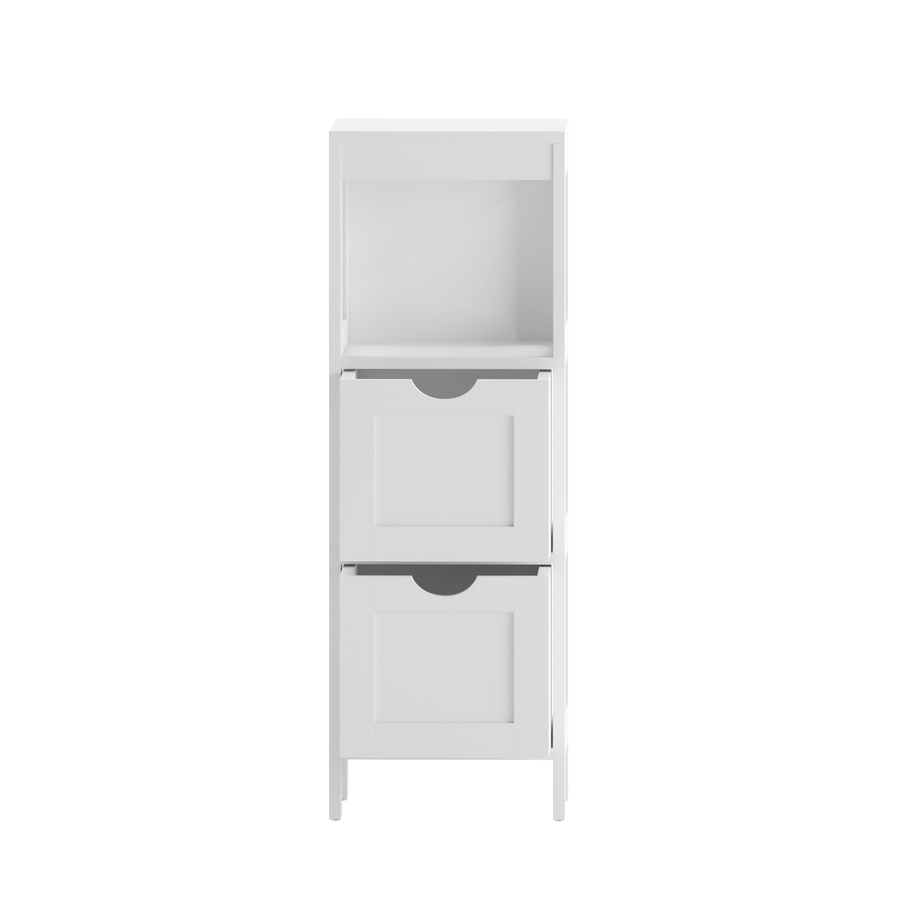 Dune Farmhouse Bathroom Storage Organizer with Two Removable Drawers and Open Display Shelf in White