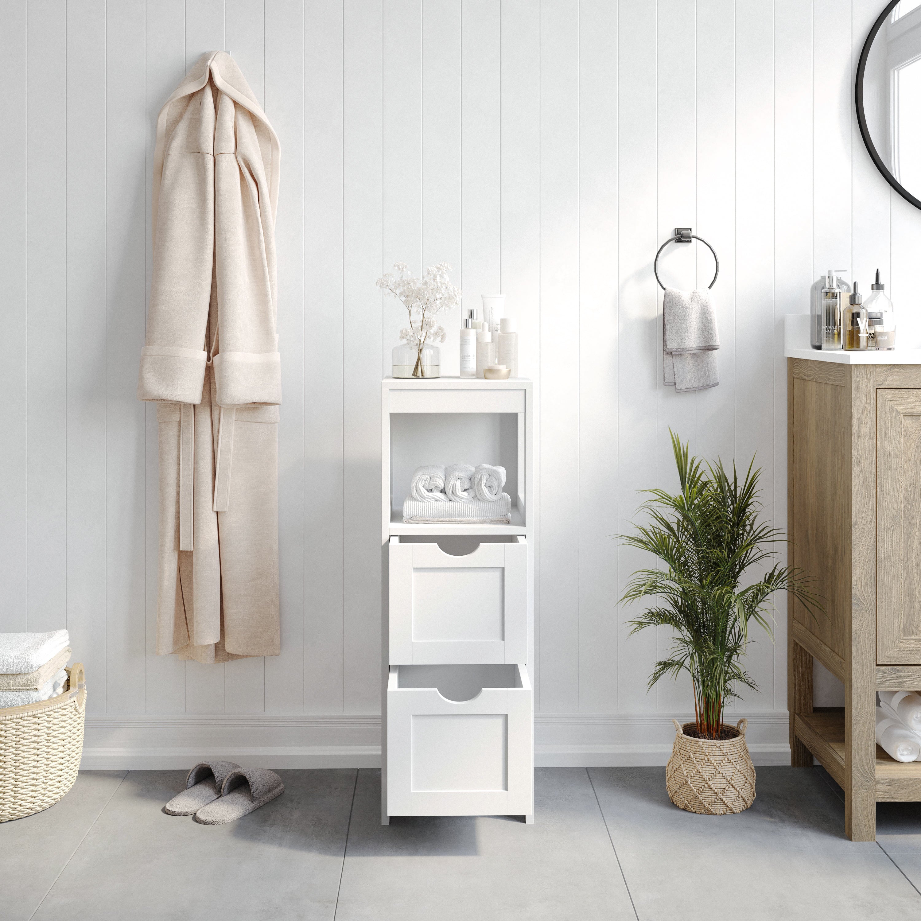 Dune Farmhouse Bathroom Storage Organizer with Two Removable Drawers and Open Display Shelf in White