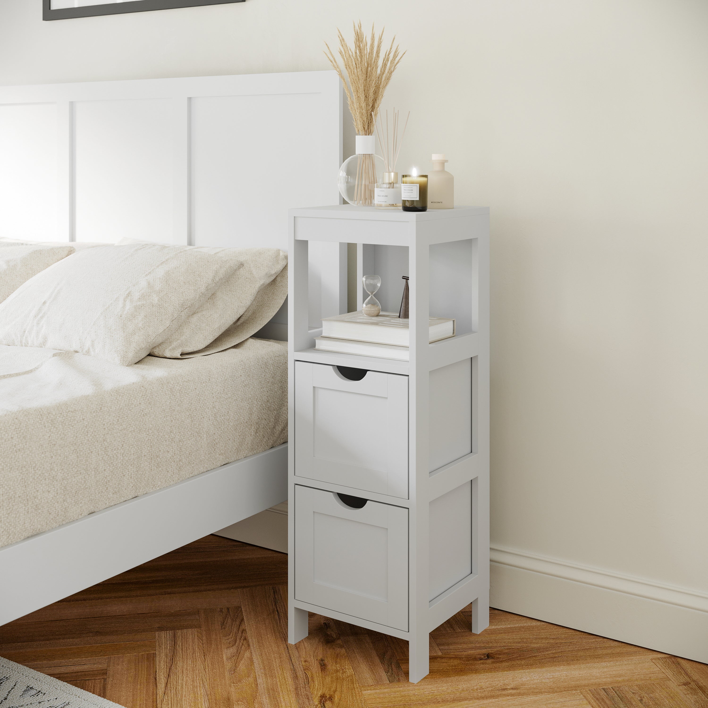 Dune Farmhouse Bathroom Storage Organizer with Two Removable Drawers and Open Display Shelf in White