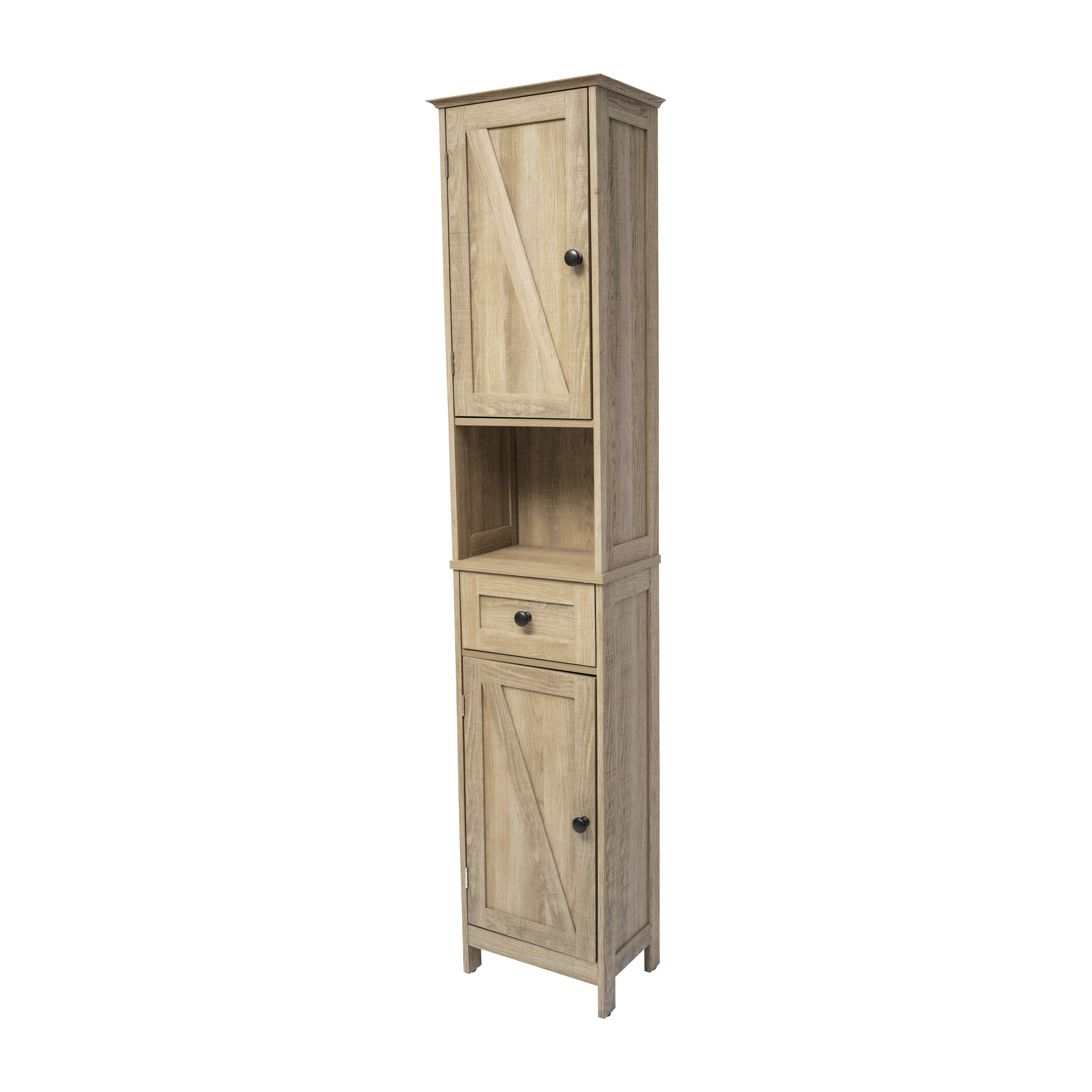 Dune Farmhouse Freestanding Bathroom Linen Tower Storage Cabinet with Magnetic Close Doors, 2 Adjustable Shelves, Open Display Shelf, Drawer in Brown