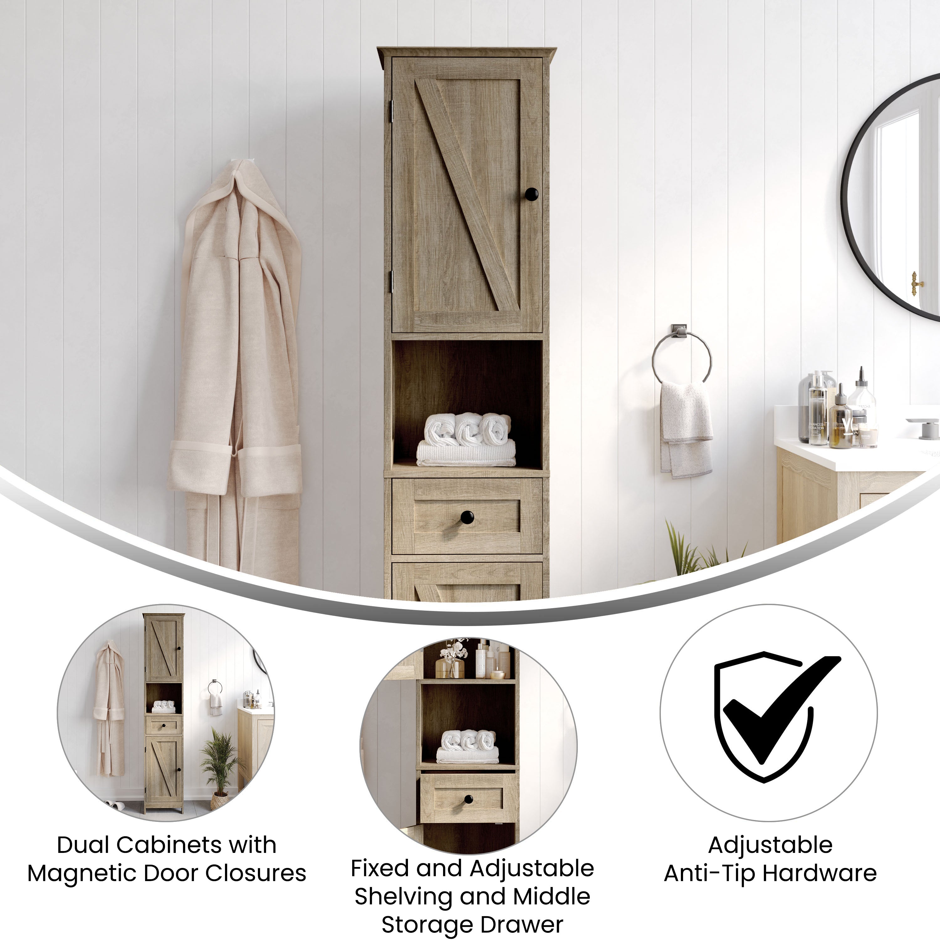 Dune Farmhouse Freestanding Bathroom Linen Tower Storage Cabinet with Magnetic Close Doors, 2 Adjustable Shelves, Open Display Shelf, Drawer in Brown