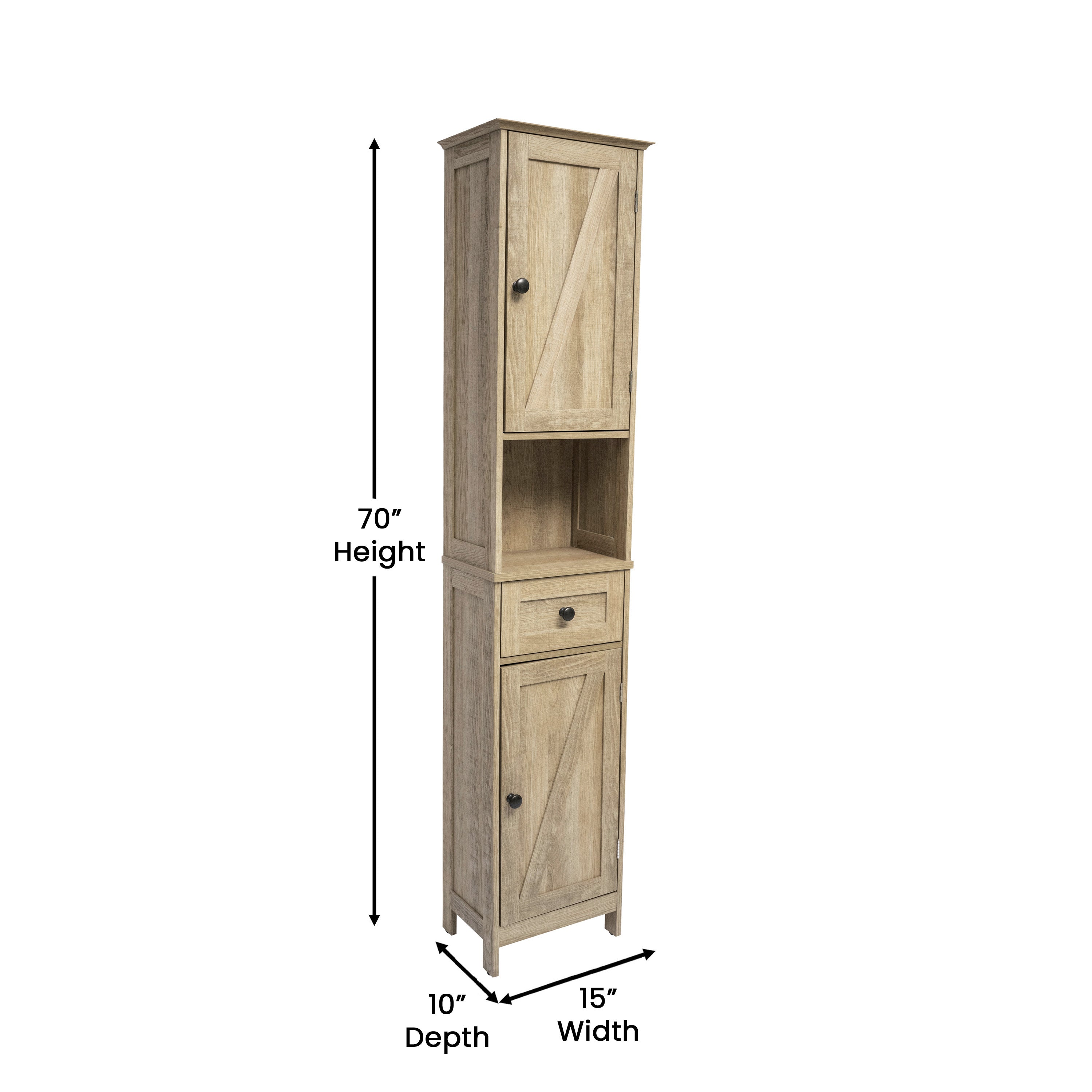 Dune Farmhouse Freestanding Bathroom Linen Tower Storage Cabinet with Magnetic Close Doors, 2 Adjustable Shelves, Open Display Shelf, Drawer in Brown