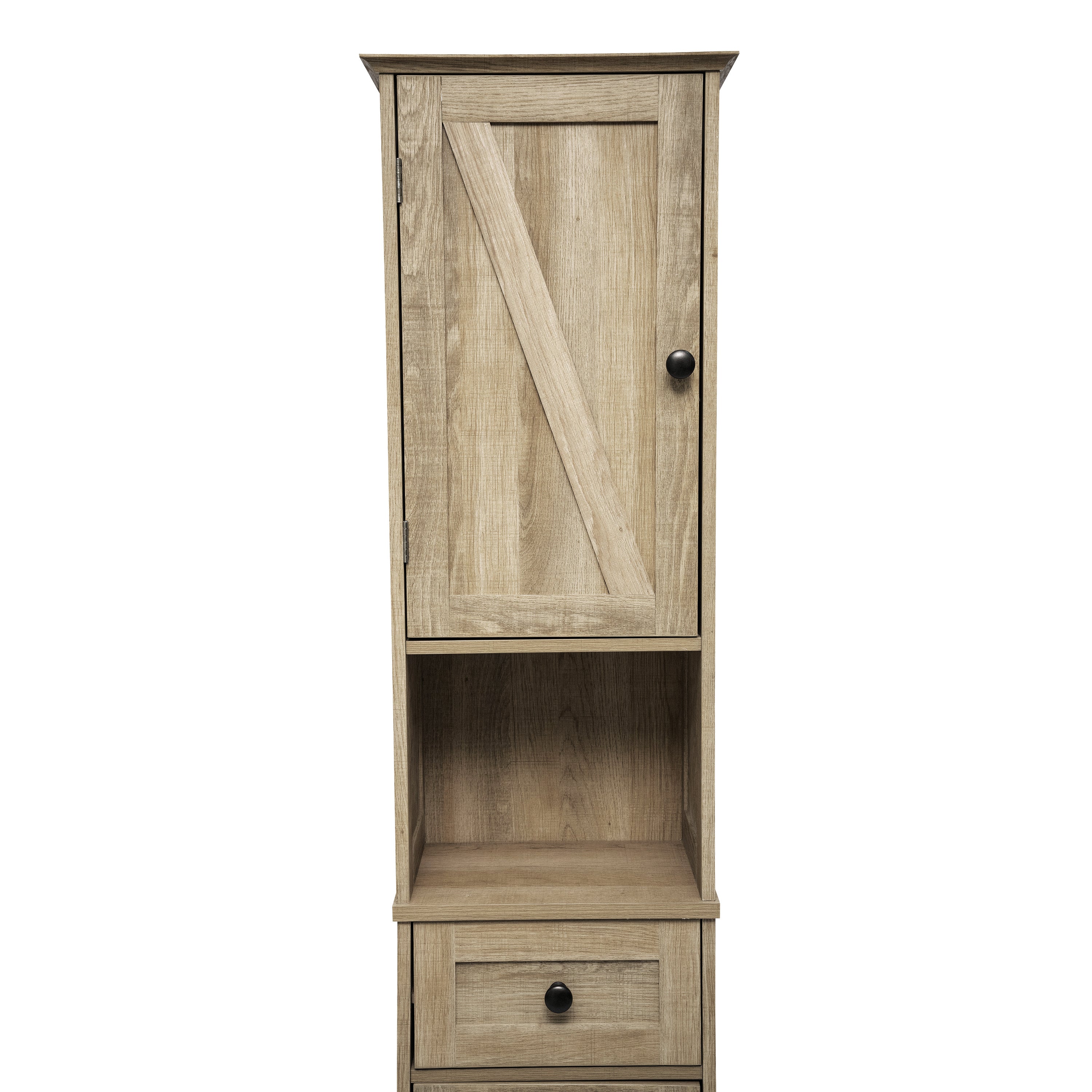 Dune Farmhouse Freestanding Bathroom Linen Tower Storage Cabinet with Magnetic Close Doors, 2 Adjustable Shelves, Open Display Shelf, Drawer in Brown