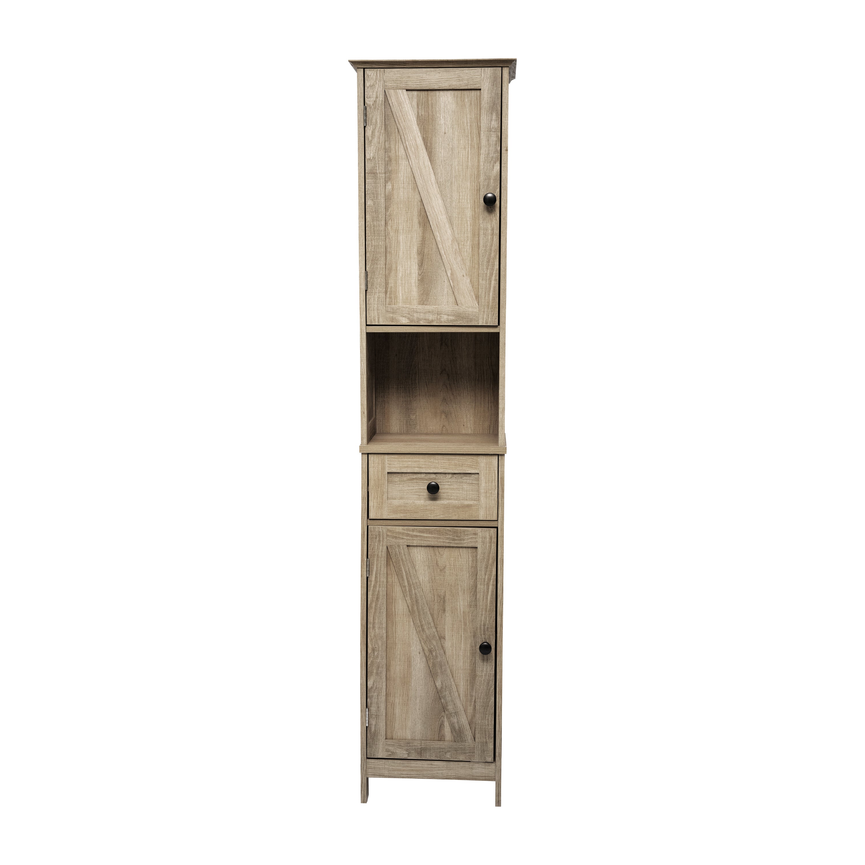 Dune Farmhouse Freestanding Bathroom Linen Tower Storage Cabinet with Magnetic Close Doors, 2 Adjustable Shelves, Open Display Shelf, Drawer in Brown