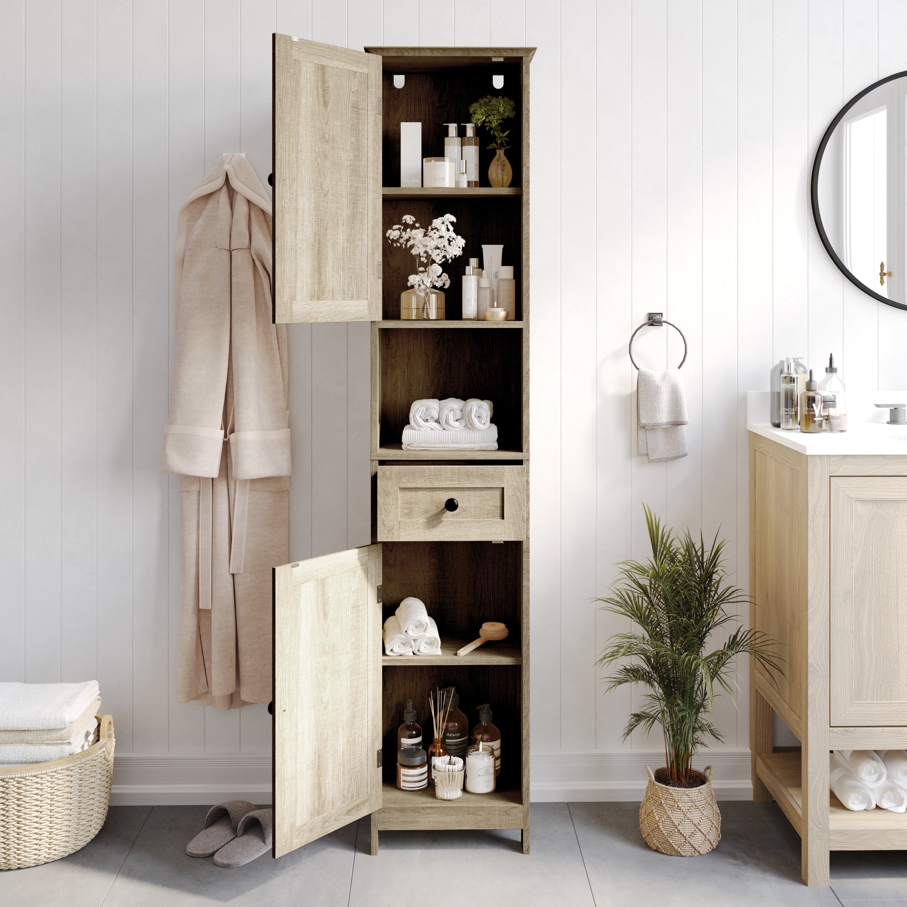 Dune Farmhouse Freestanding Bathroom Linen Tower Storage Cabinet with Magnetic Close Doors, 2 Adjustable Shelves, Open Display Shelf, Drawer in Brown