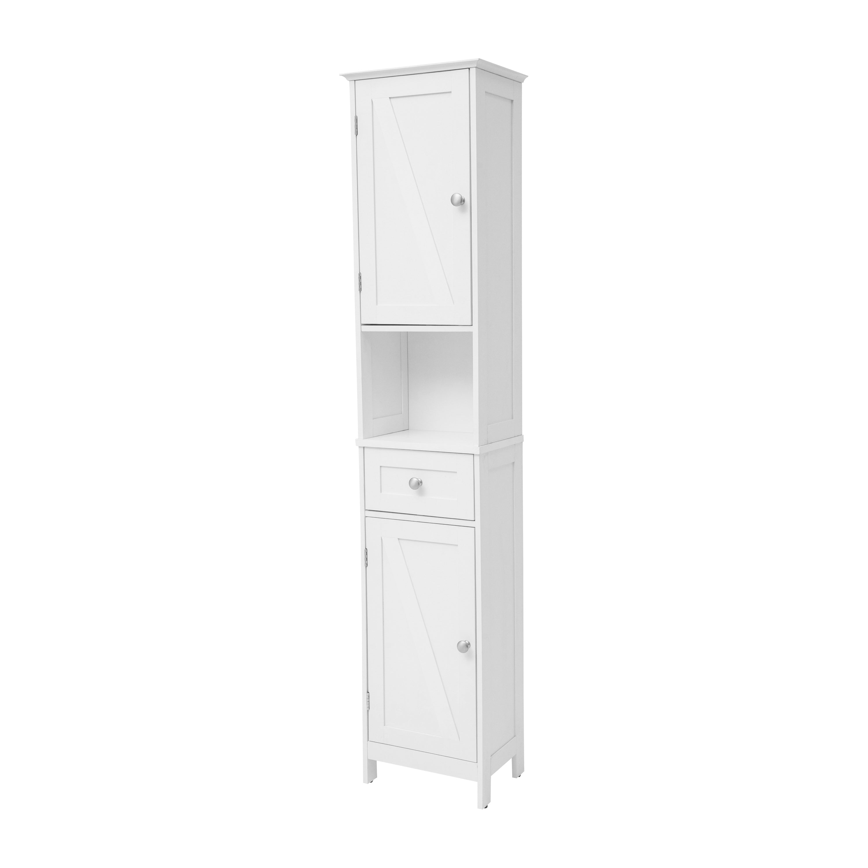 Dune Farmhouse Freestanding Bathroom Linen Tower Storage Cabinet with Magnetic Close Doors, 2 Adjustable Shelves, Open Display Shelf, Drawer in White