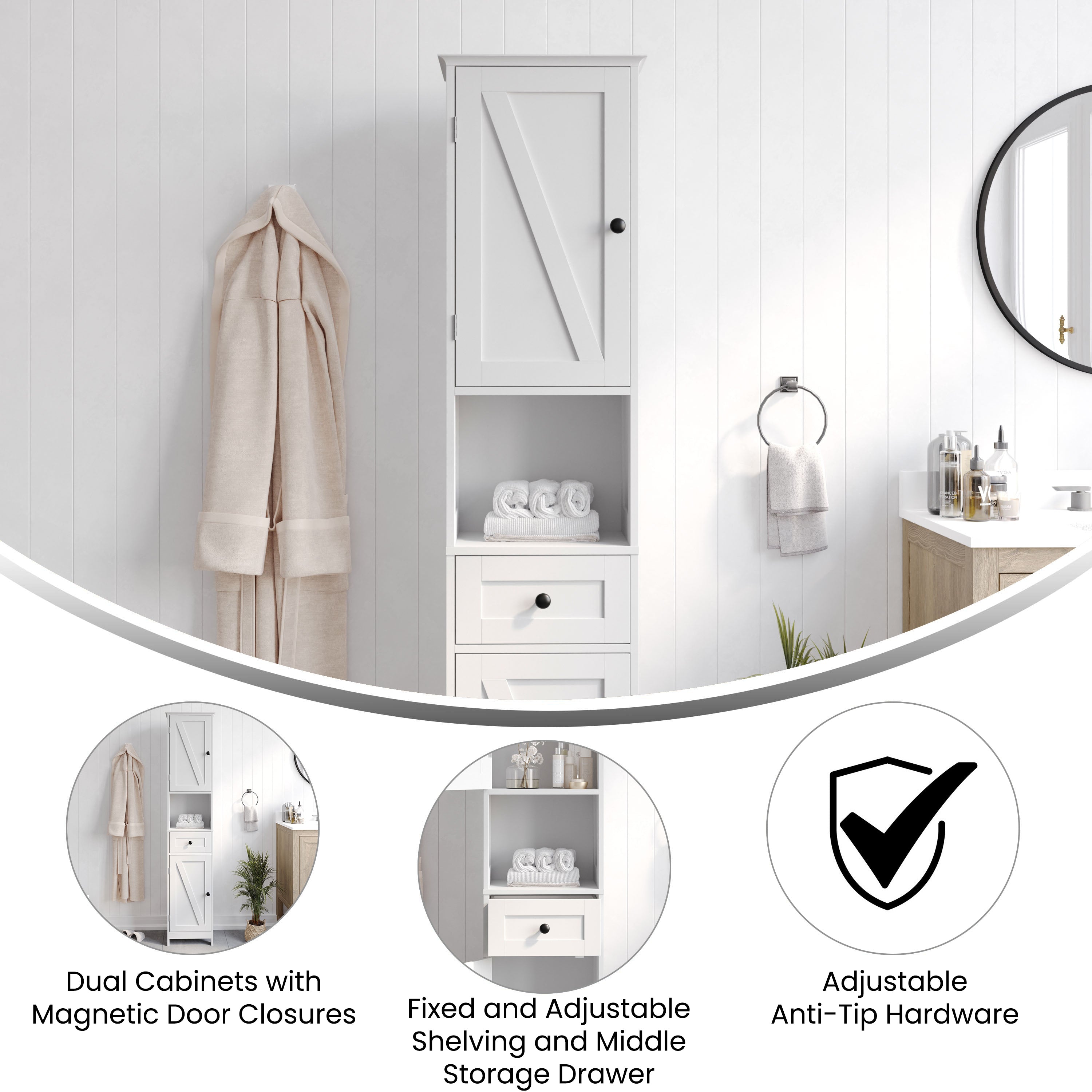 Dune Farmhouse Freestanding Bathroom Linen Tower Storage Cabinet with Magnetic Close Doors, 2 Adjustable Shelves, Open Display Shelf, Drawer in White