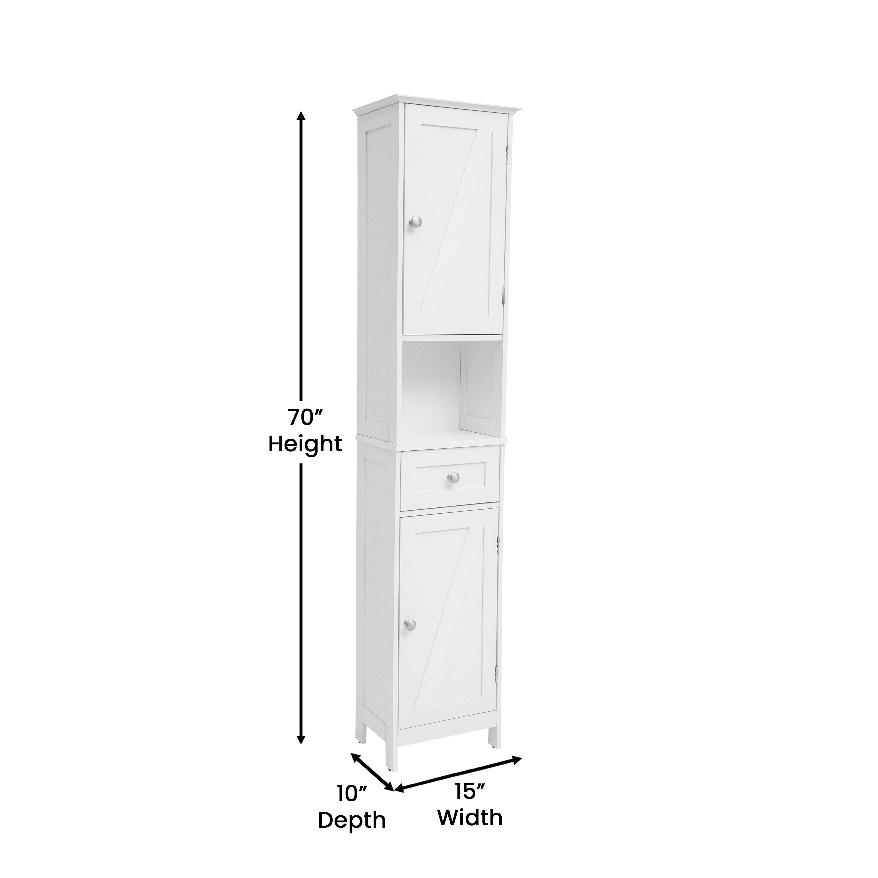 Dune Farmhouse Freestanding Bathroom Linen Tower Storage Cabinet with Magnetic Close Doors, 2 Adjustable Shelves, Open Display Shelf, Drawer in White