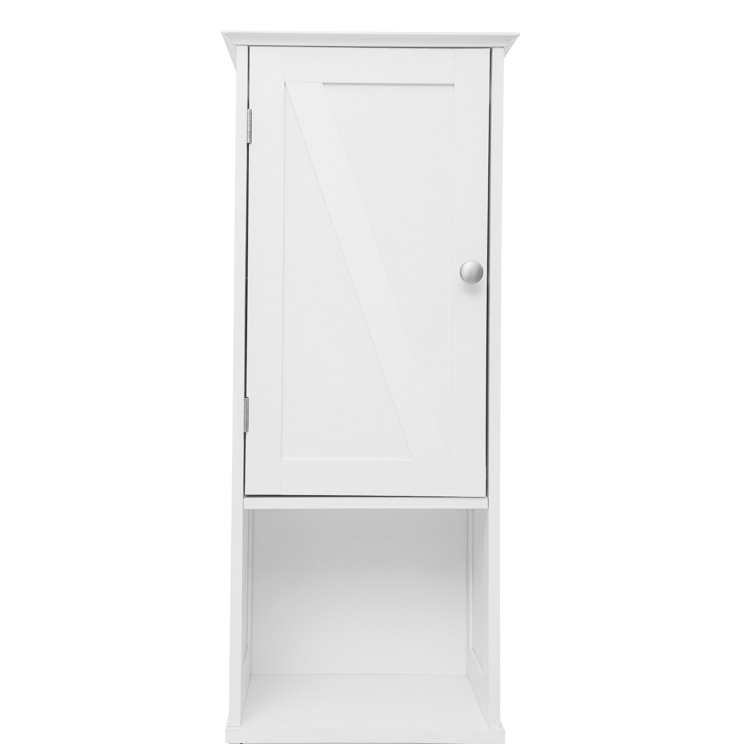 Dune Farmhouse Freestanding Bathroom Linen Tower Storage Cabinet with Magnetic Close Doors, 2 Adjustable Shelves, Open Display Shelf, Drawer in White