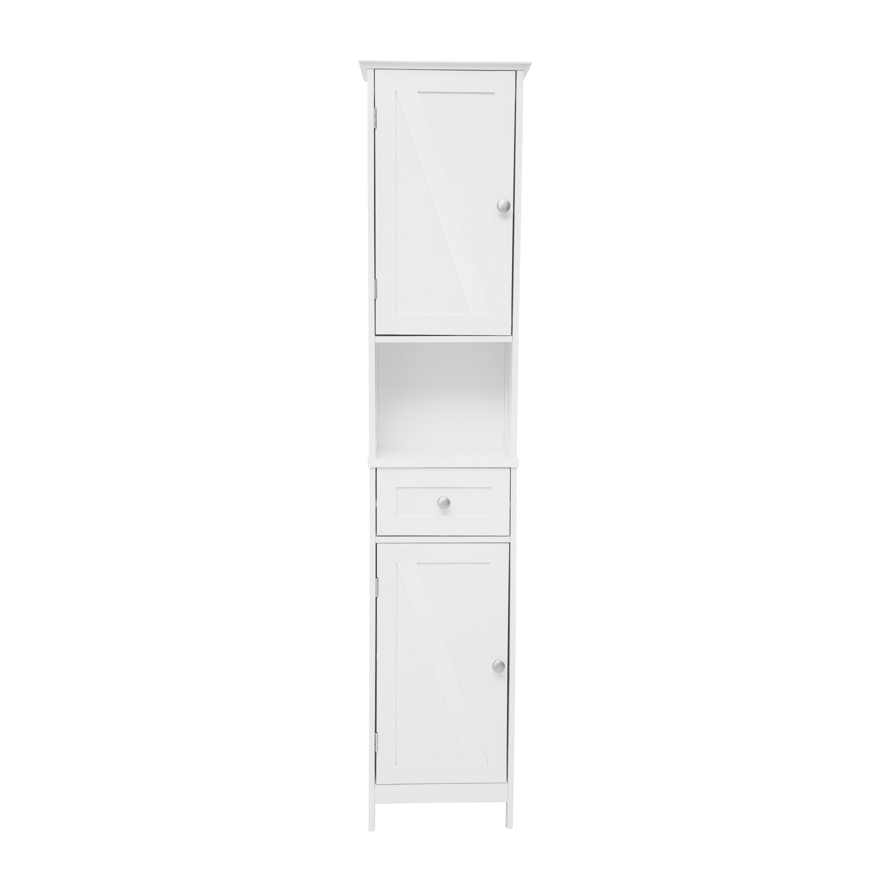 Dune Farmhouse Freestanding Bathroom Linen Tower Storage Cabinet with Magnetic Close Doors, 2 Adjustable Shelves, Open Display Shelf, Drawer in White