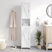 Dune Farmhouse Freestanding Bathroom Linen Tower Storage Cabinet with Magnetic Close Doors, 2 Adjustable Shelves, Open Display Shelf, Drawer in White