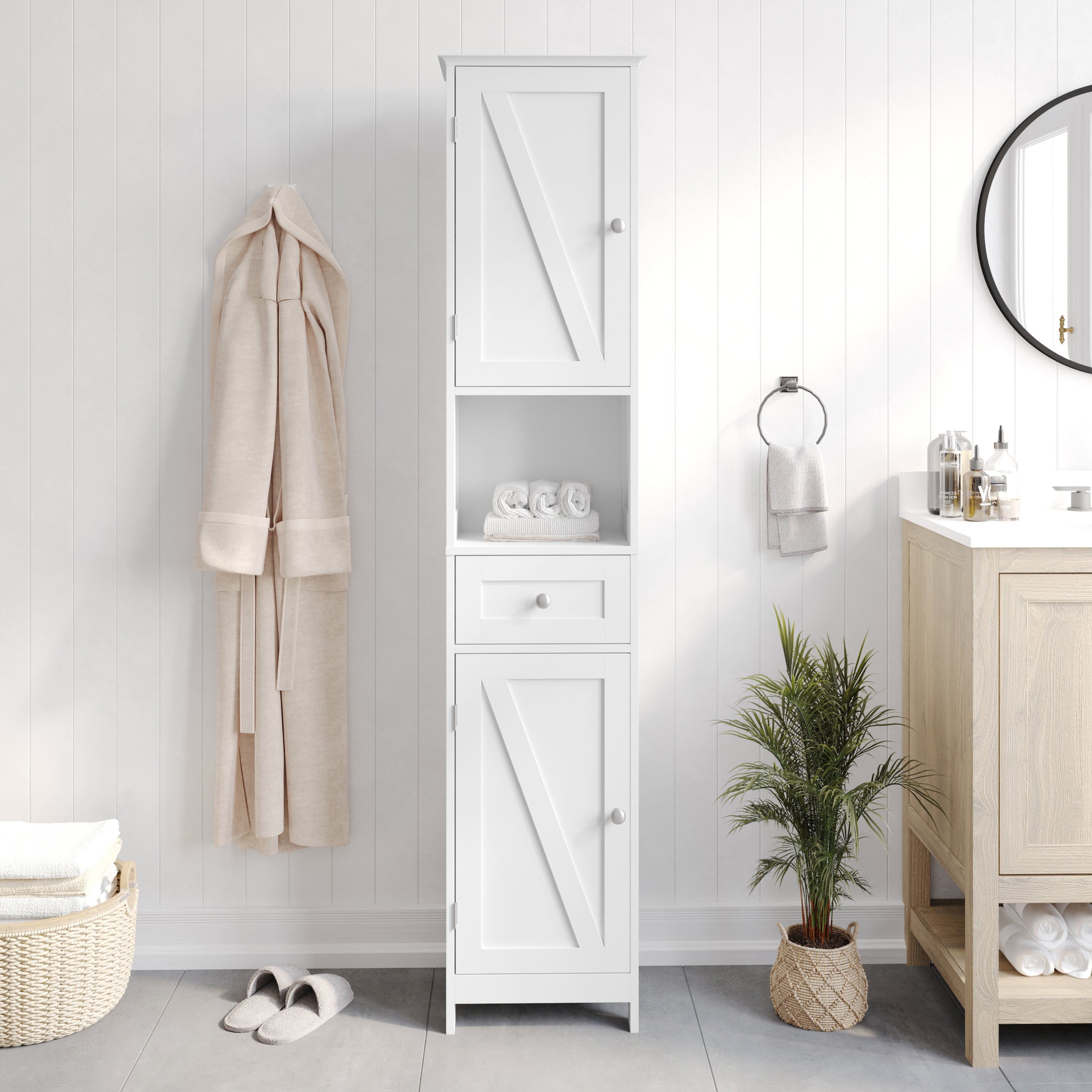 Dune Farmhouse Freestanding Bathroom Linen Tower Storage Cabinet with Magnetic Close Doors, 2 Adjustable Shelves, Open Display Shelf, Drawer in White