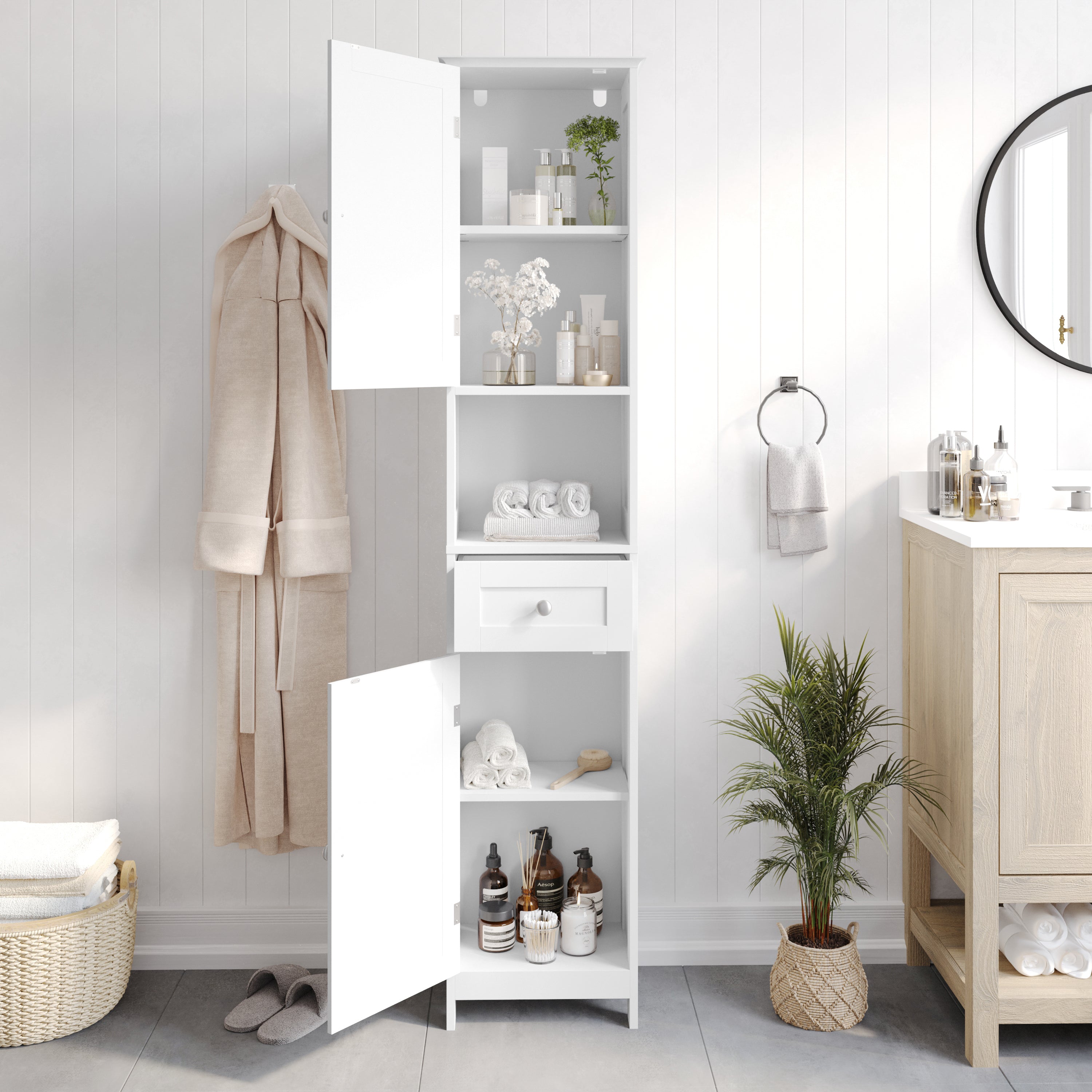 Dune Farmhouse Freestanding Bathroom Linen Tower Storage Cabinet with Magnetic Close Doors, 2 Adjustable Shelves, Open Display Shelf, Drawer in White