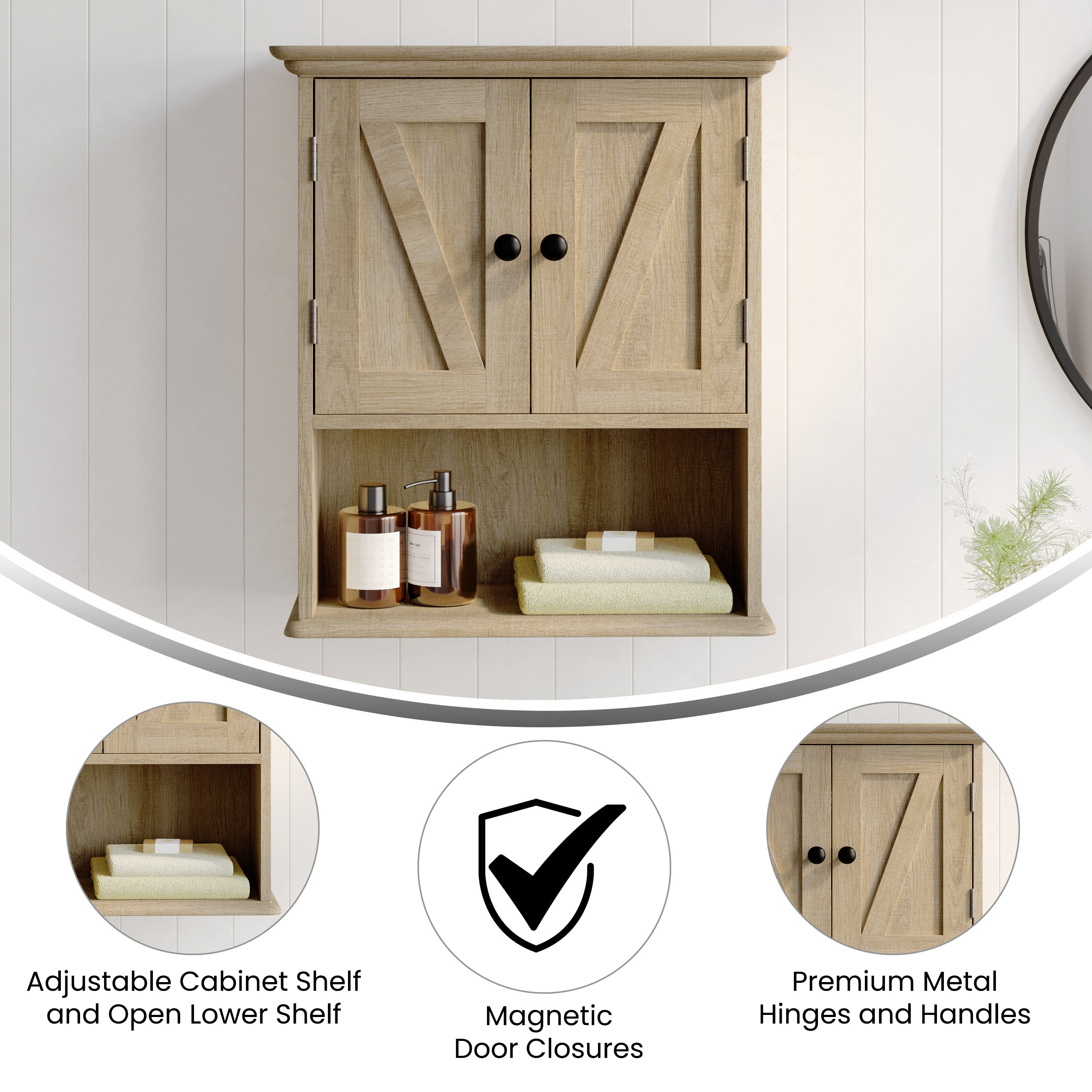 Dune Farmhouse Wall Mounted Bathroom Medicine Cabinet Storage Organizer with 2 Magnetic Closure Doors, Adjustable Shelf, and Lower Open Shelf in Brown
