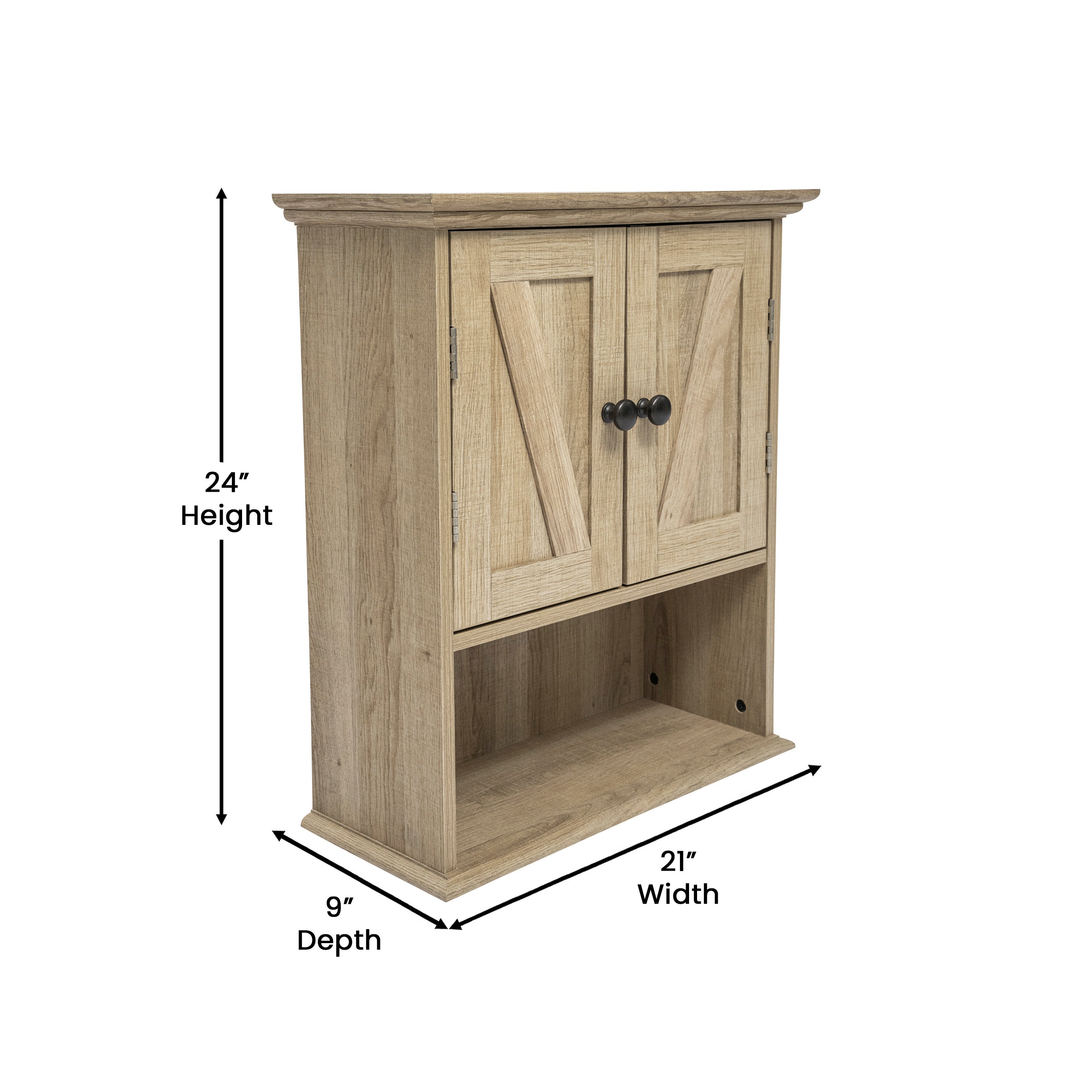 Dune Farmhouse Wall Mounted Bathroom Medicine Cabinet Storage Organizer with 2 Magnetic Closure Doors, Adjustable Shelf, and Lower Open Shelf in Brown