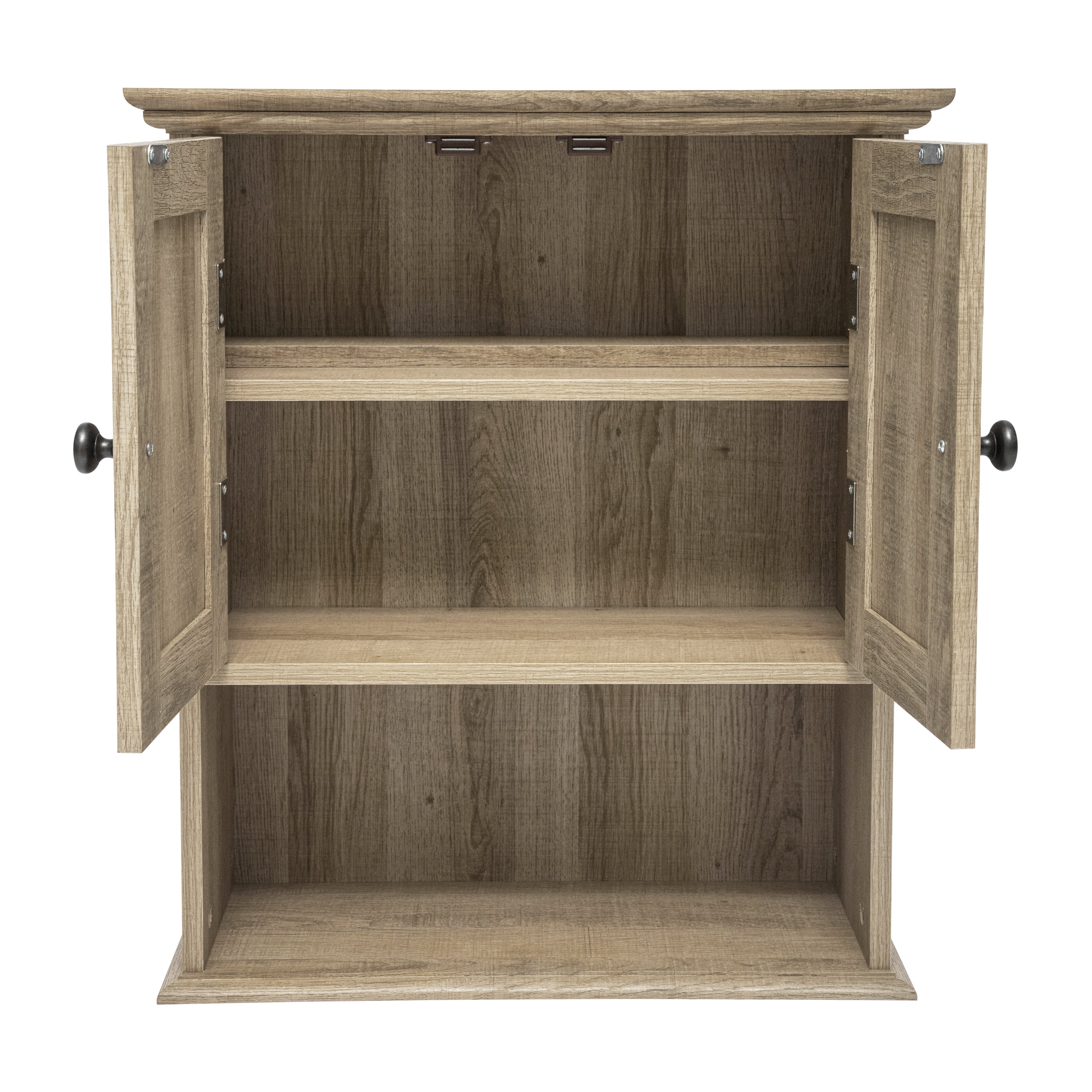 Dune Farmhouse Wall Mounted Bathroom Medicine Cabinet Storage Organizer with 2 Magnetic Closure Doors, Adjustable Shelf, and Lower Open Shelf in Brown