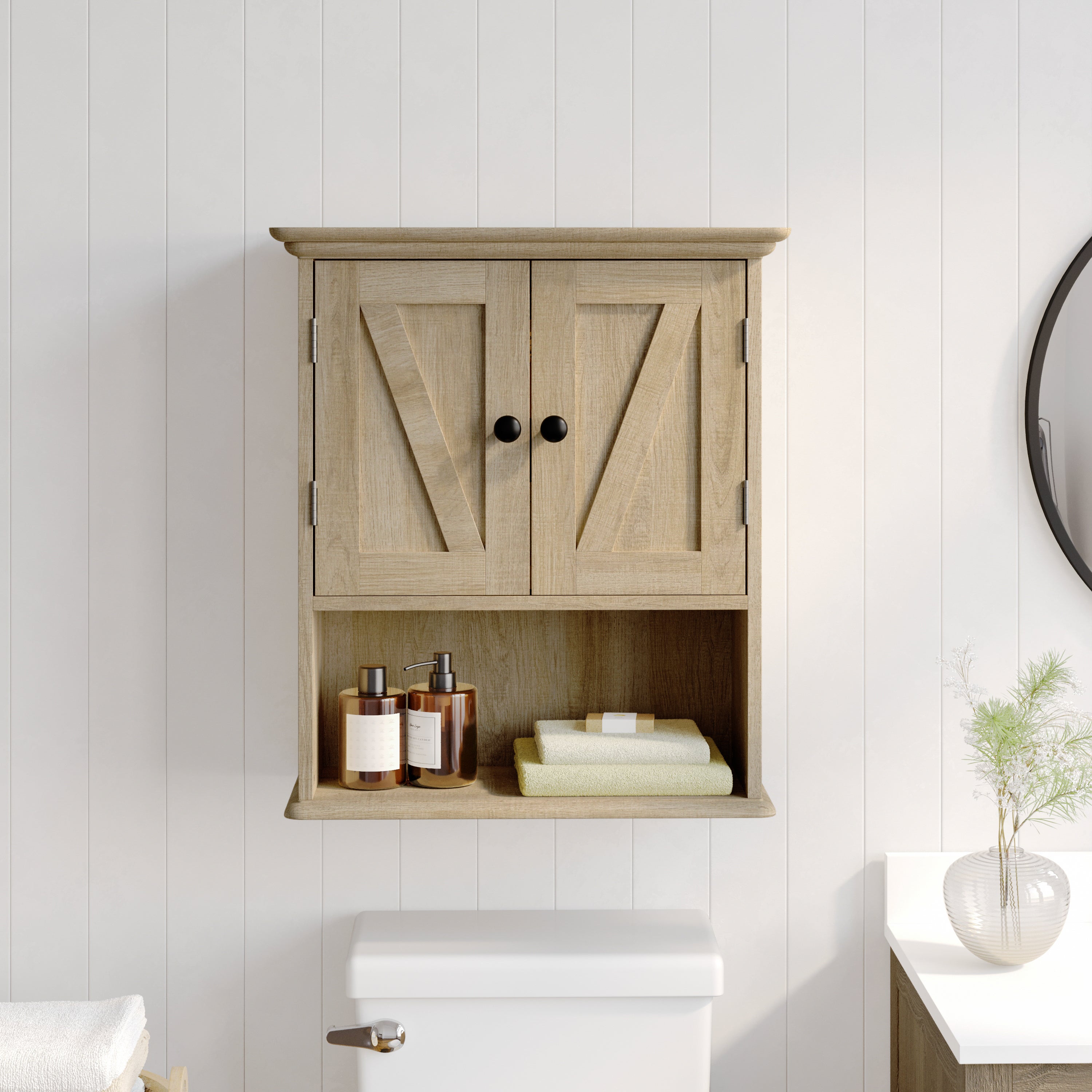 Dune Farmhouse Wall Mounted Bathroom Medicine Cabinet Storage Organizer with 2 Magnetic Closure Doors, Adjustable Shelf, and Lower Open Shelf in Brown