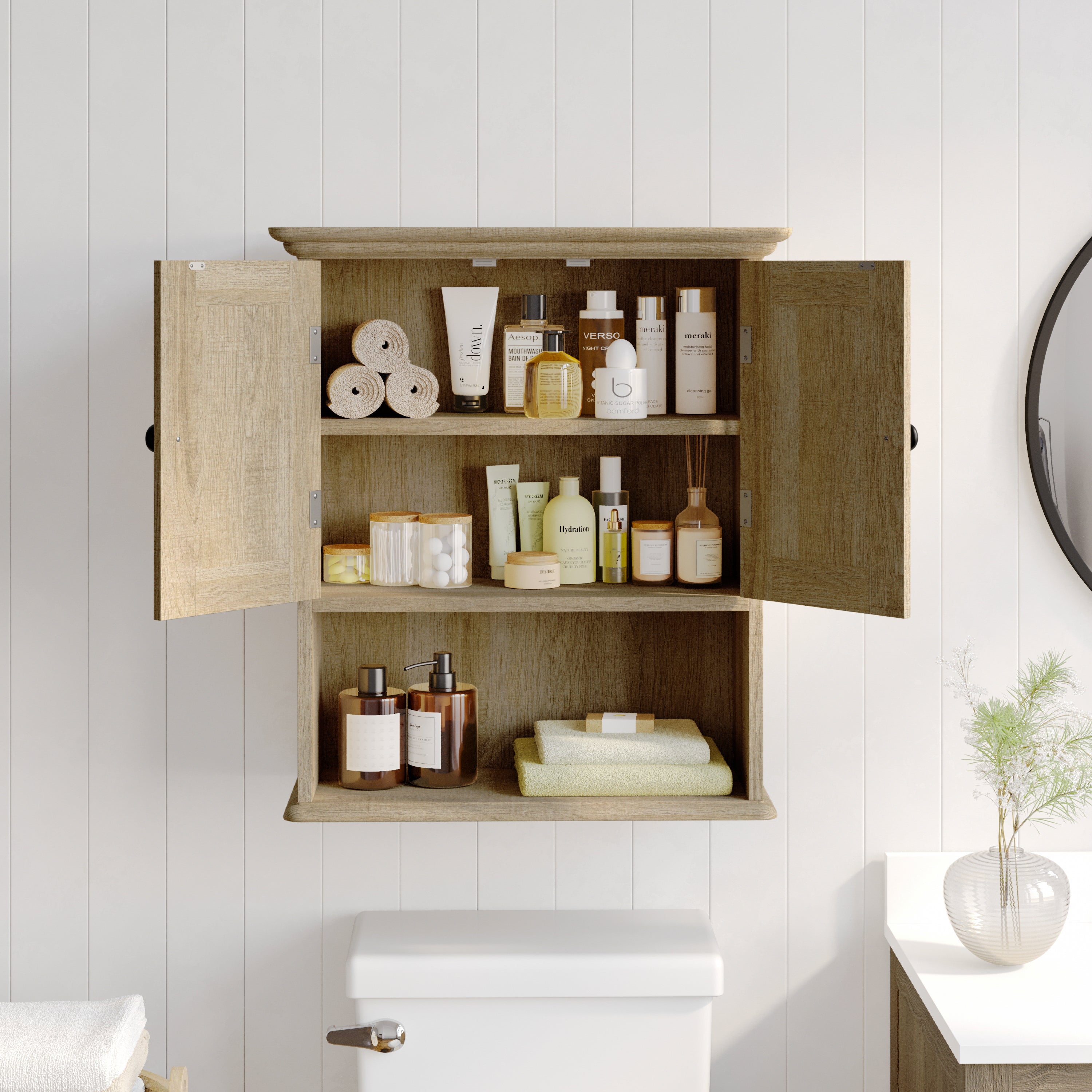 Dune Farmhouse Wall Mounted Bathroom Medicine Cabinet Storage Organizer with 2 Magnetic Closure Doors, Adjustable Shelf, and Lower Open Shelf in Brown