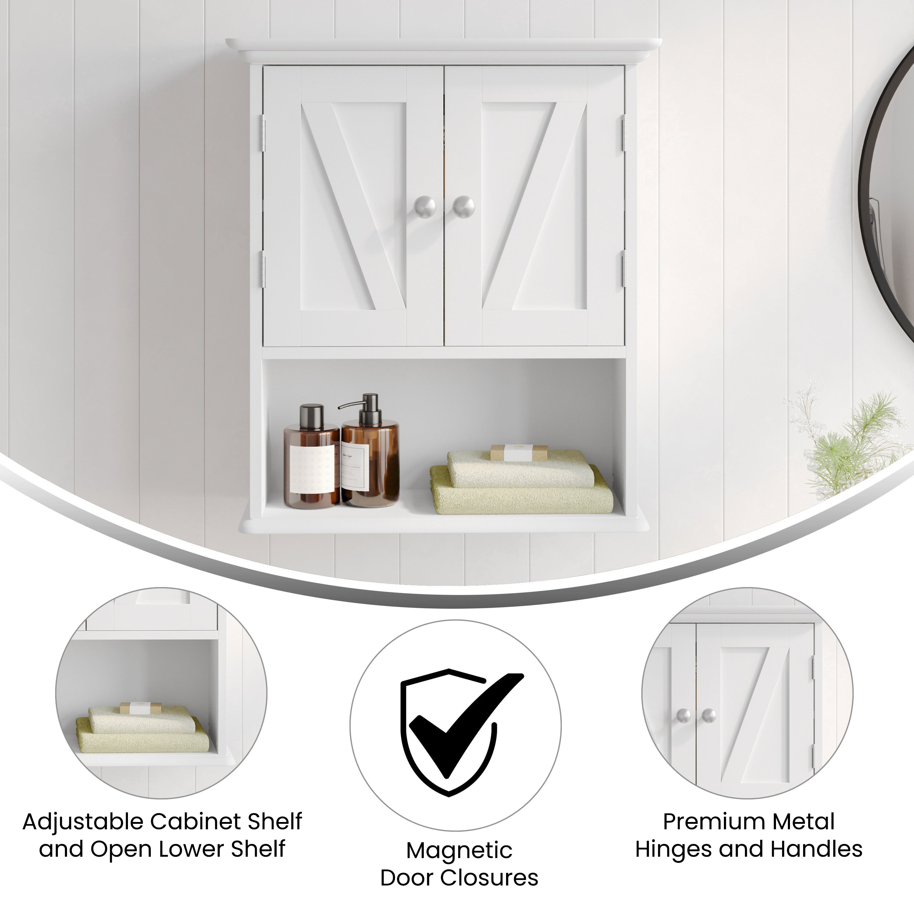 Dune Farmhouse Wall Mounted Bathroom Medicine Cabinet Storage Organizer with 2 Magnetic Closure Doors, Adjustable Shelf, and Lower Open Shelf in White