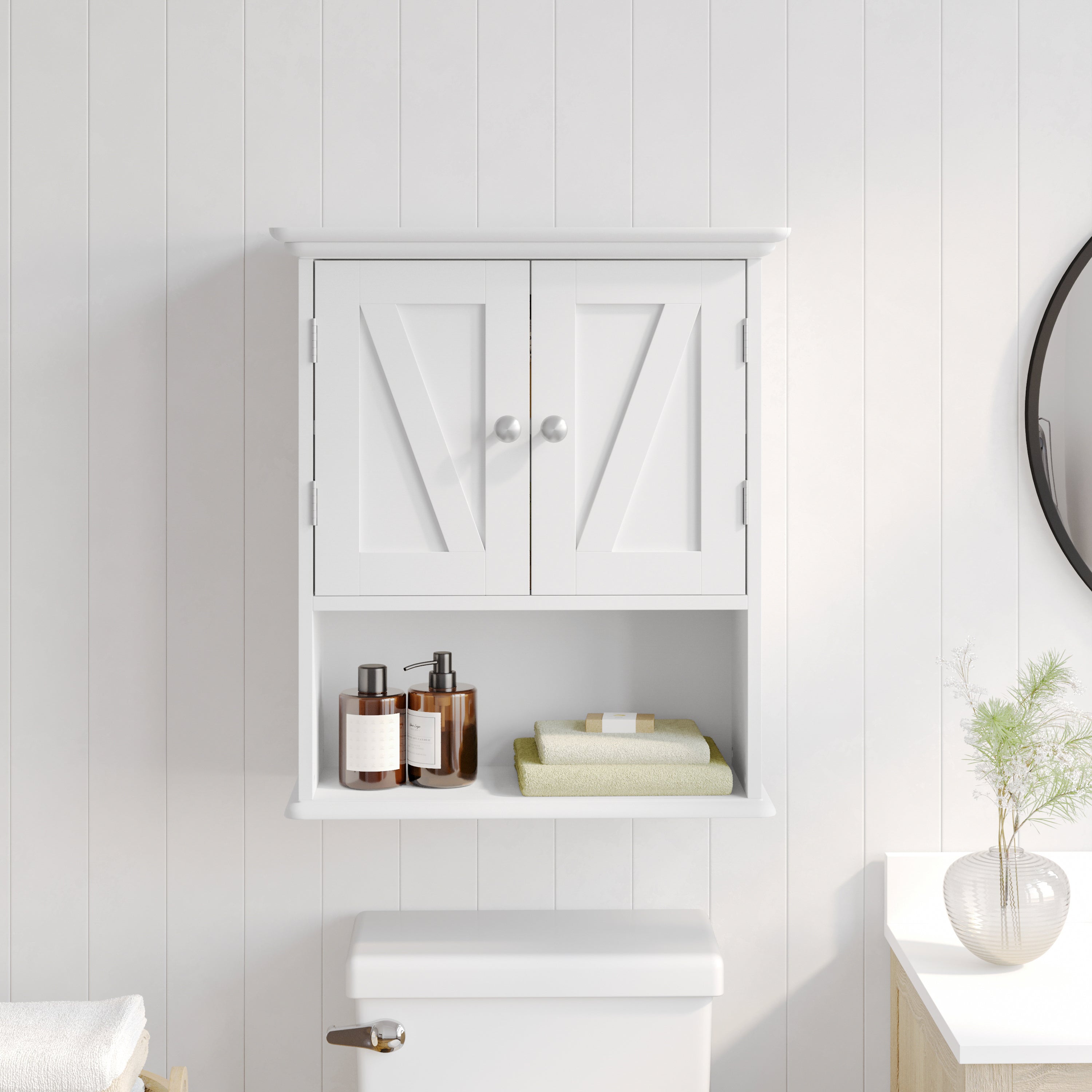 Dune Farmhouse Wall Mounted Bathroom Medicine Cabinet Storage Organizer with 2 Magnetic Closure Doors, Adjustable Shelf, and Lower Open Shelf in White