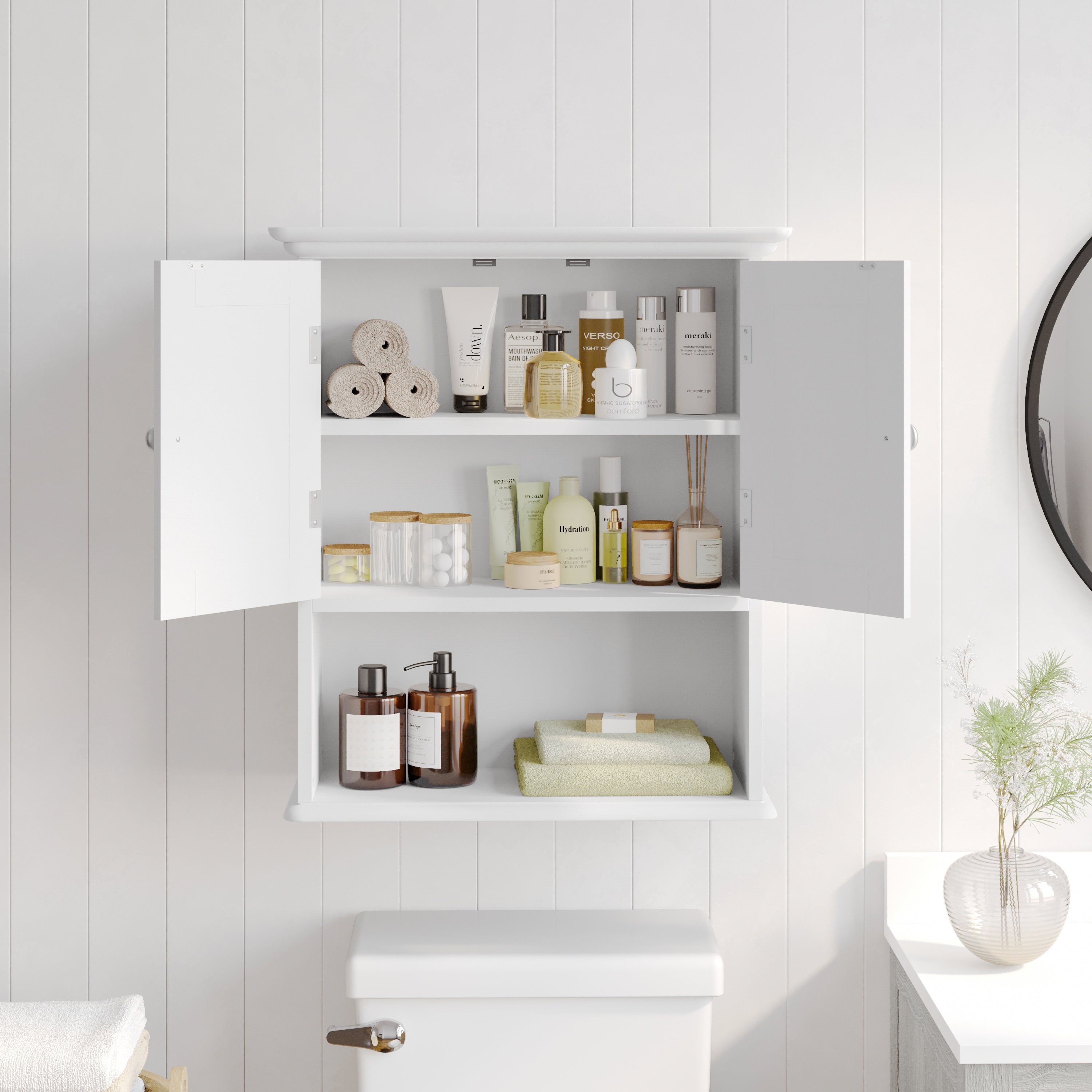 Dune Farmhouse Wall Mounted Bathroom Medicine Cabinet Storage Organizer with 2 Magnetic Closure Doors, Adjustable Shelf, and Lower Open Shelf in White