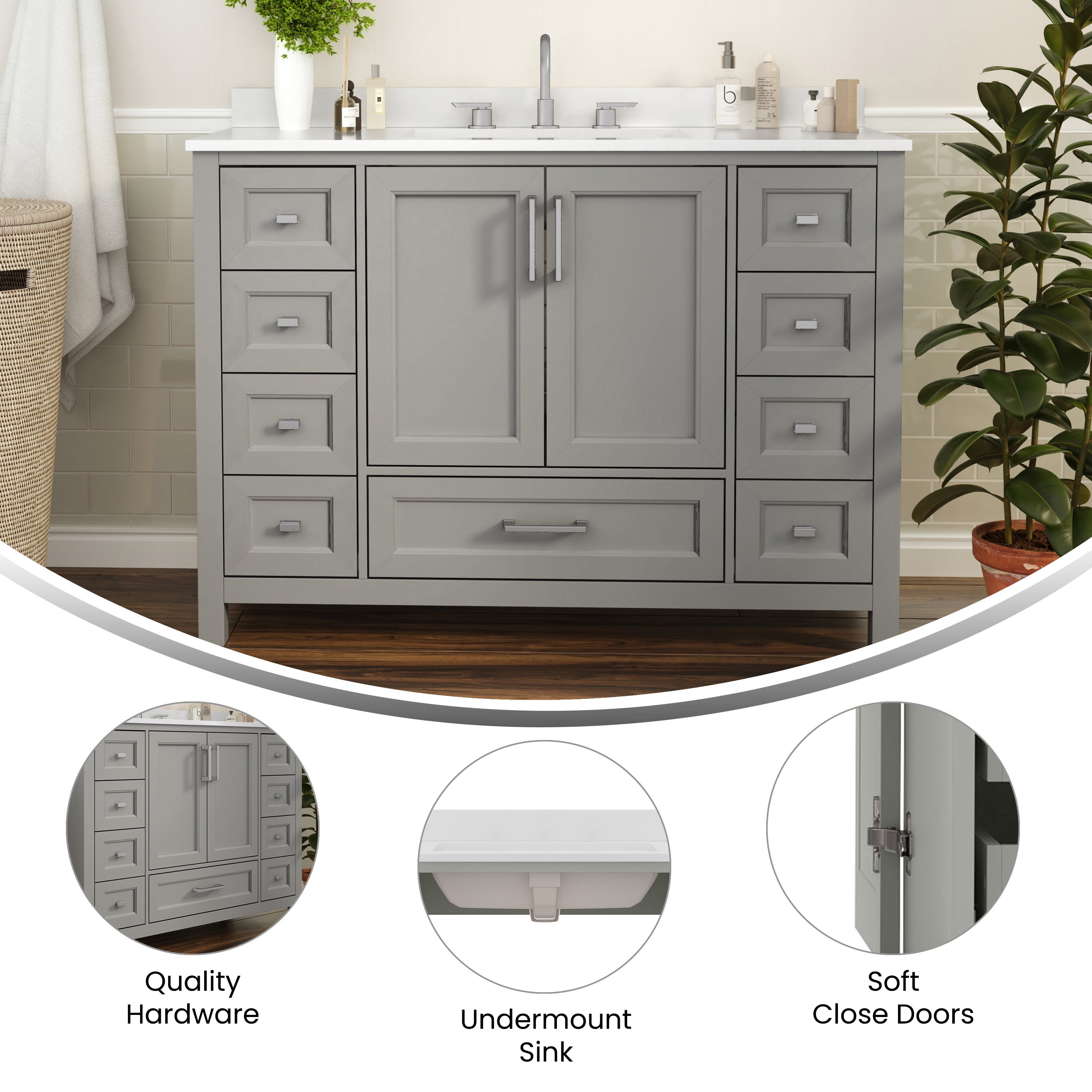 Vega 48 Inch Bathroom Vanity with Sink, Storage Cabinet with Soft Close Doors, and 9 Drawers, Carrara Marble Finish Countertop, Gray