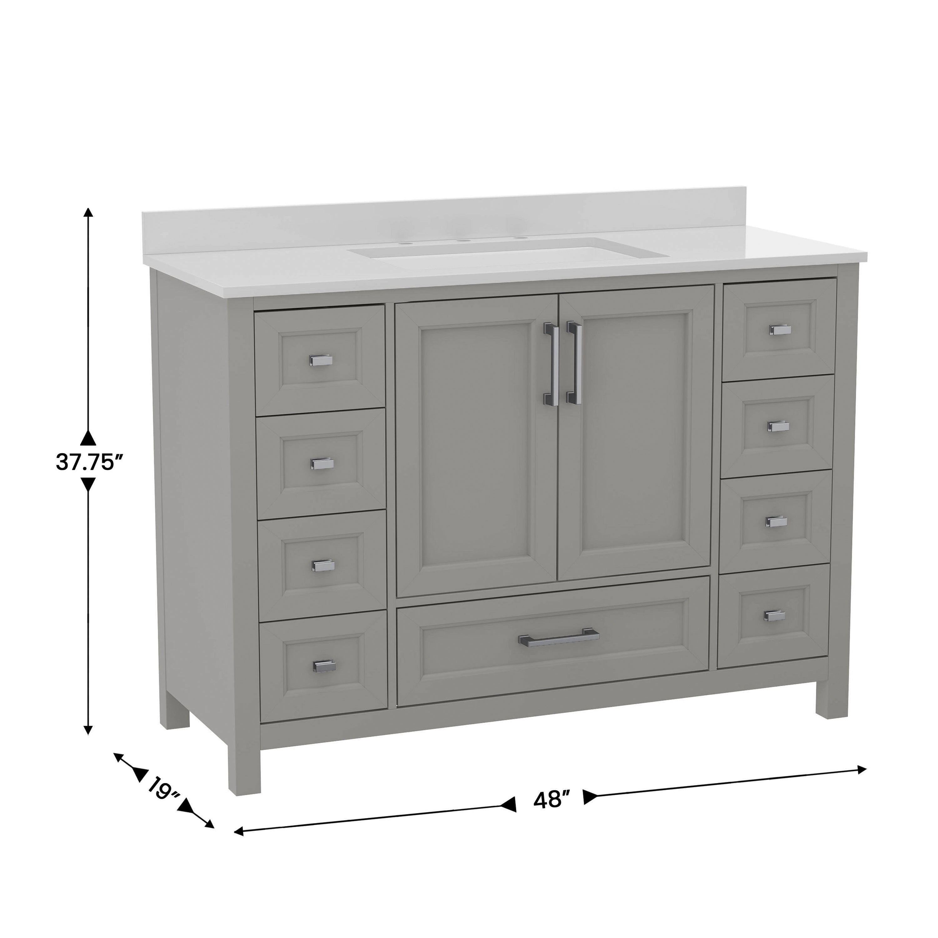 Vega 48 Inch Bathroom Vanity with Sink, Storage Cabinet with Soft Close Doors, and 9 Drawers, Carrara Marble Finish Countertop, Gray