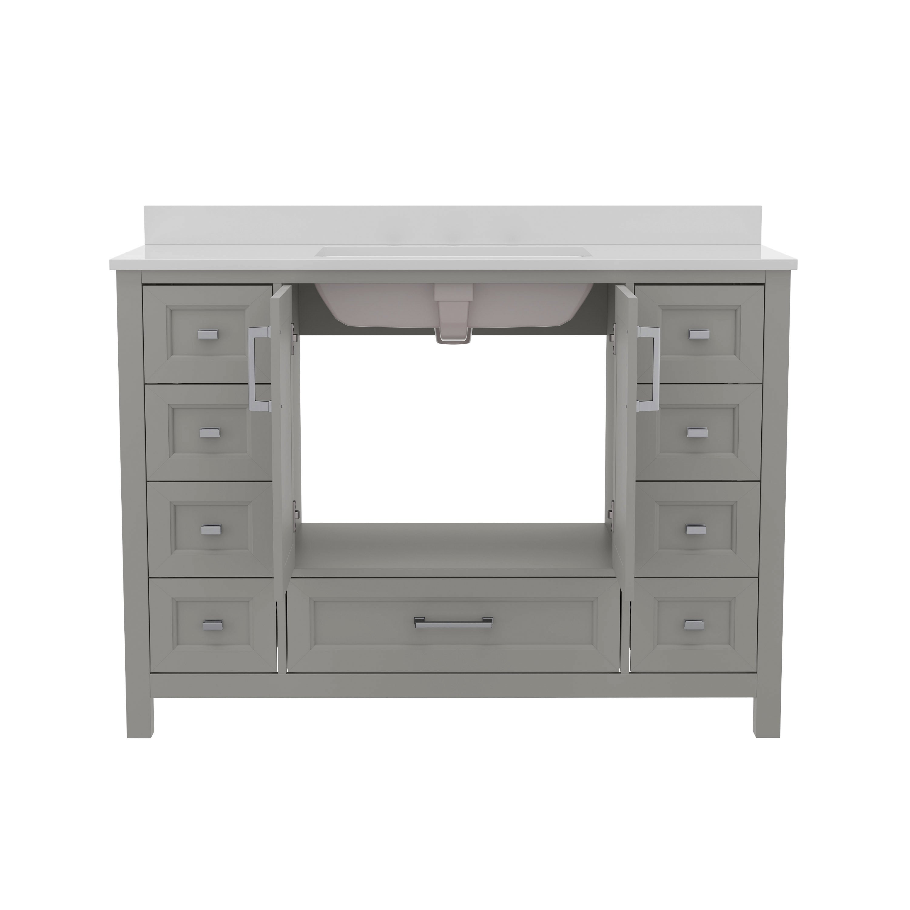 Vega 48 Inch Bathroom Vanity with Sink, Storage Cabinet with Soft Close Doors, and 9 Drawers, Carrara Marble Finish Countertop, Gray