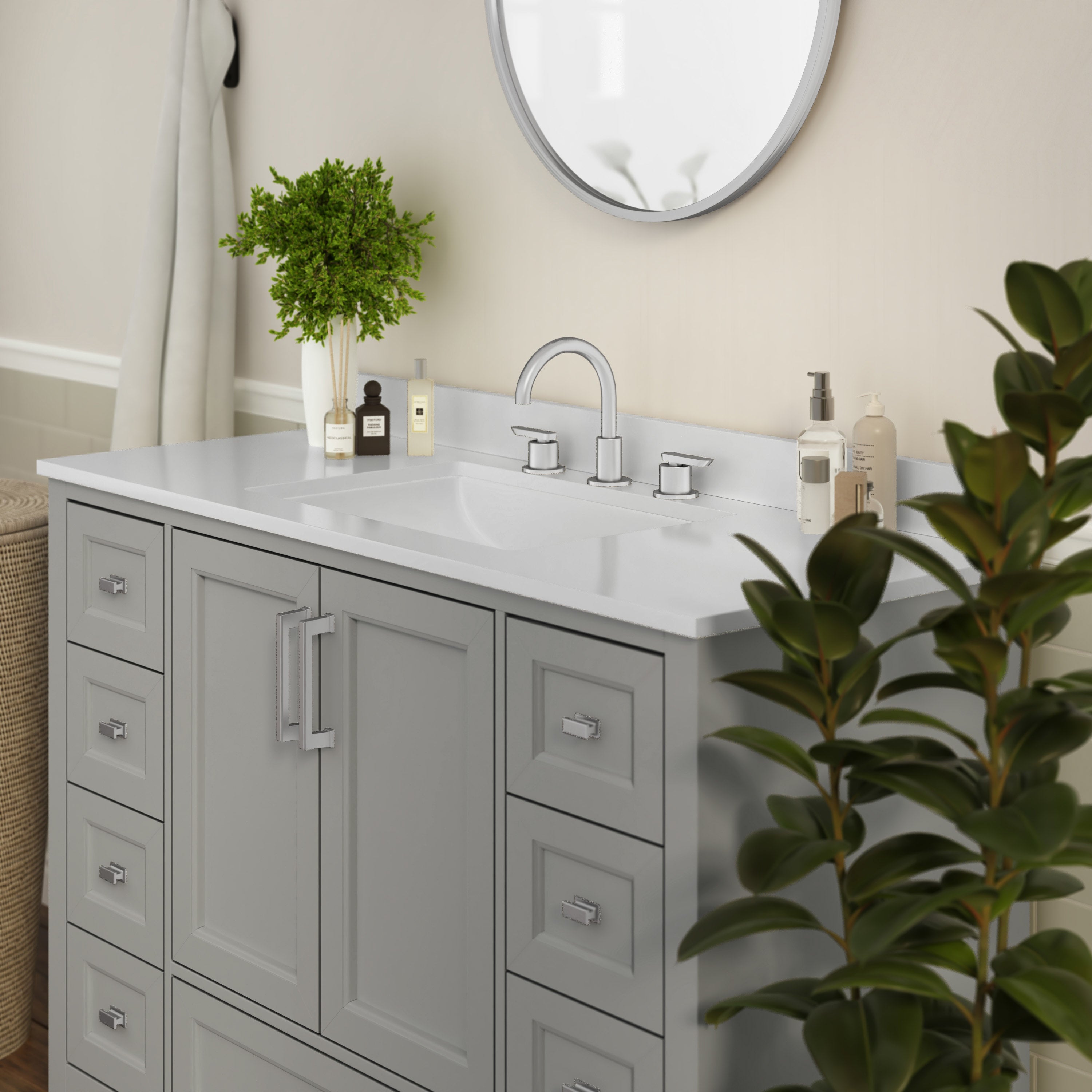 Vega 48 Inch Bathroom Vanity with Sink, Storage Cabinet with Soft Close Doors, and 9 Drawers, Carrara Marble Finish Countertop, Gray